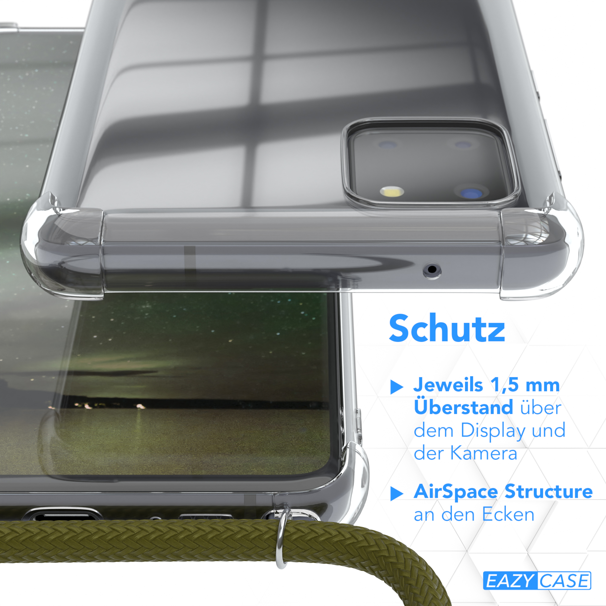 Eine transparente Handyhülle auf einem Telefon. Der Text lautet 'Schutz'. Zeigt die Hülle, die das Display schützt.