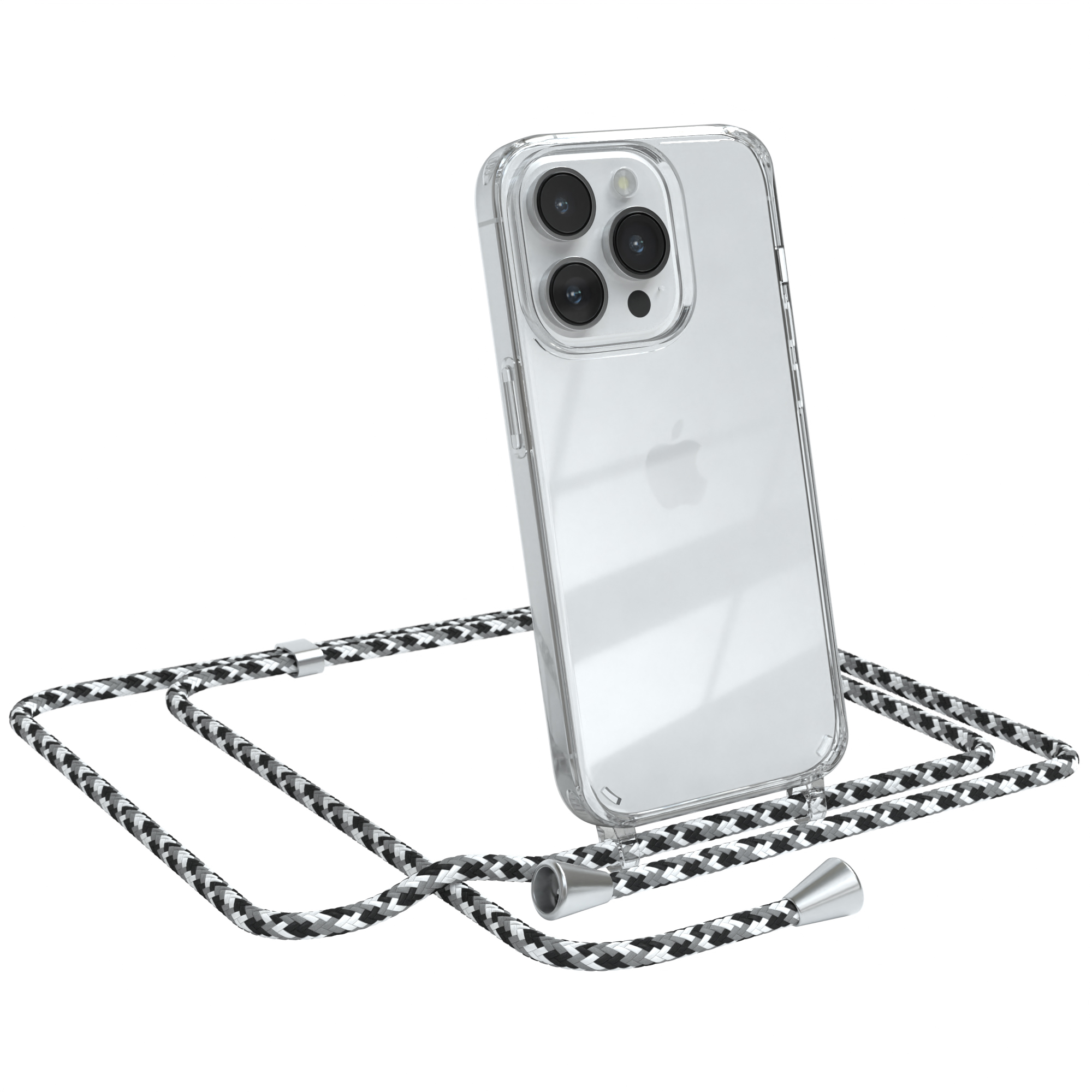 Transparente Handyhülle mit schwarzem, weißem und grauem Handystrap auf weißem Hintergrund.
