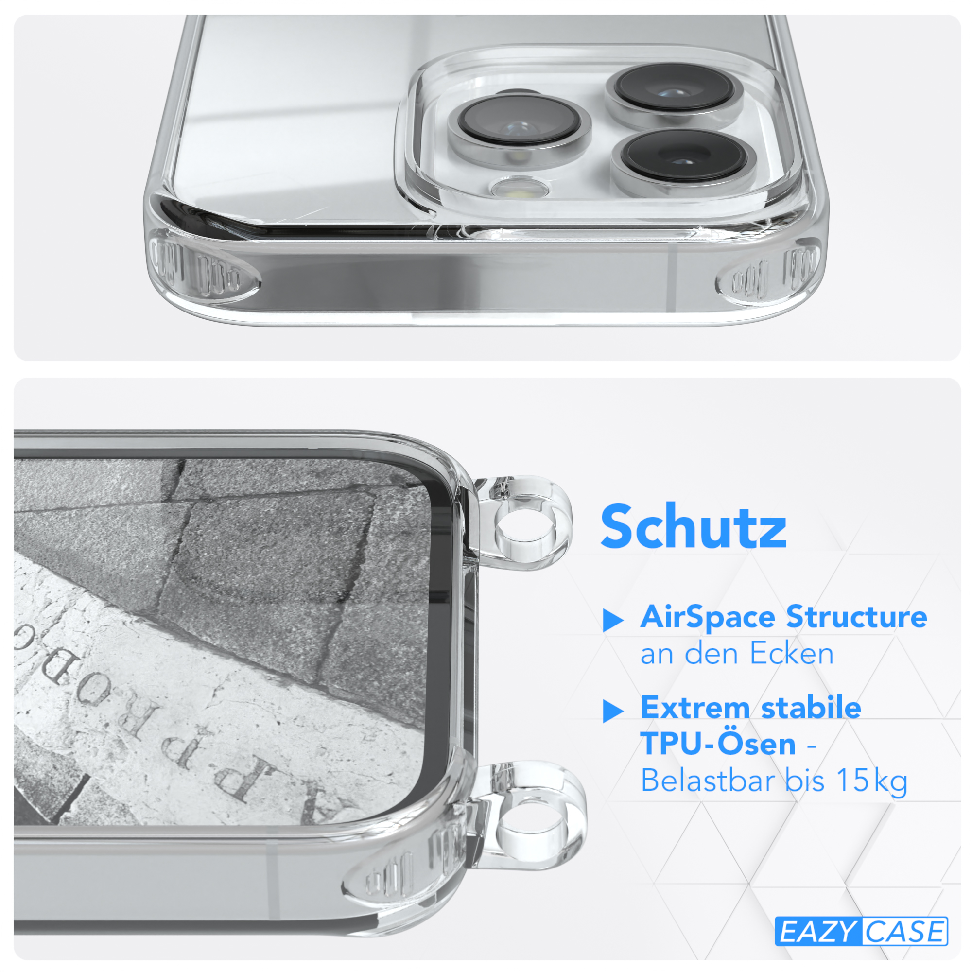 Transparente Handyhülle zeigt die Rückseite eines Telefons. Die Hülle hat ein weißes Kabel und Metallring.