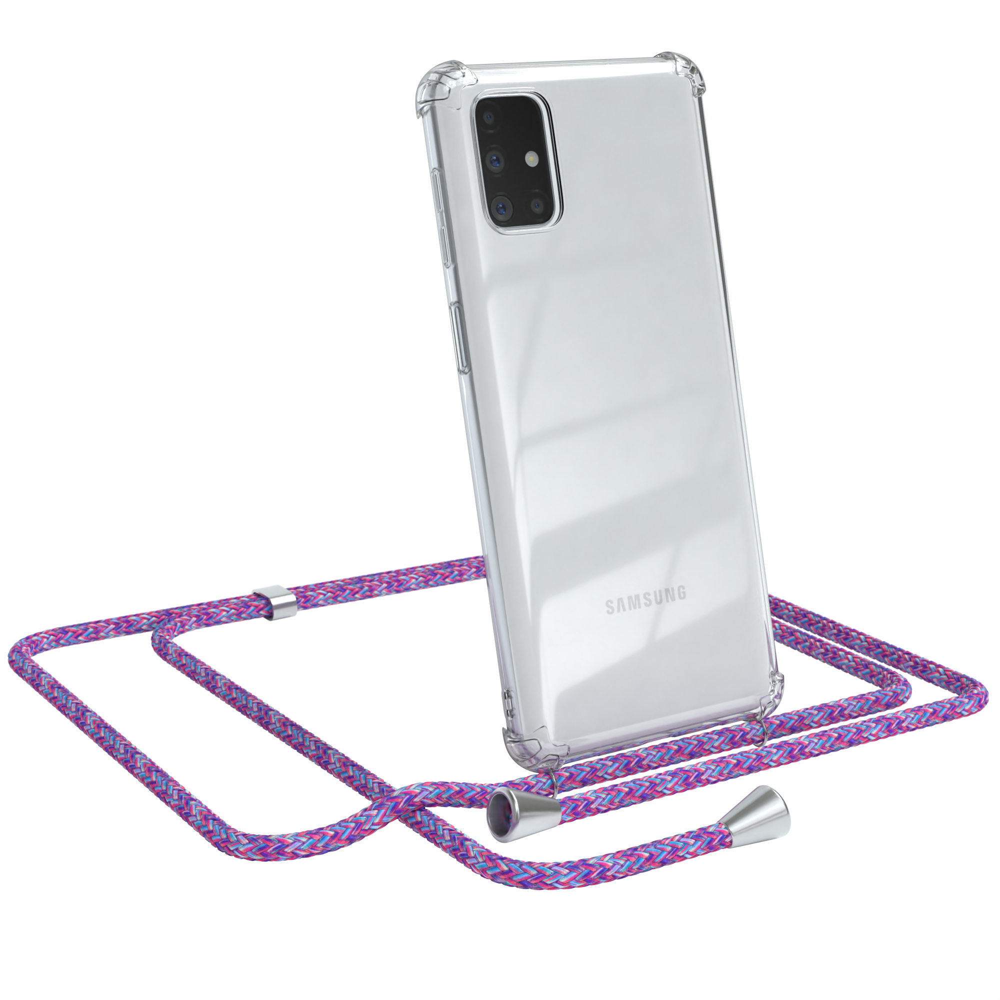 Transparente Handyhülle mit lila Lanyard und Samsung-Telefon.
