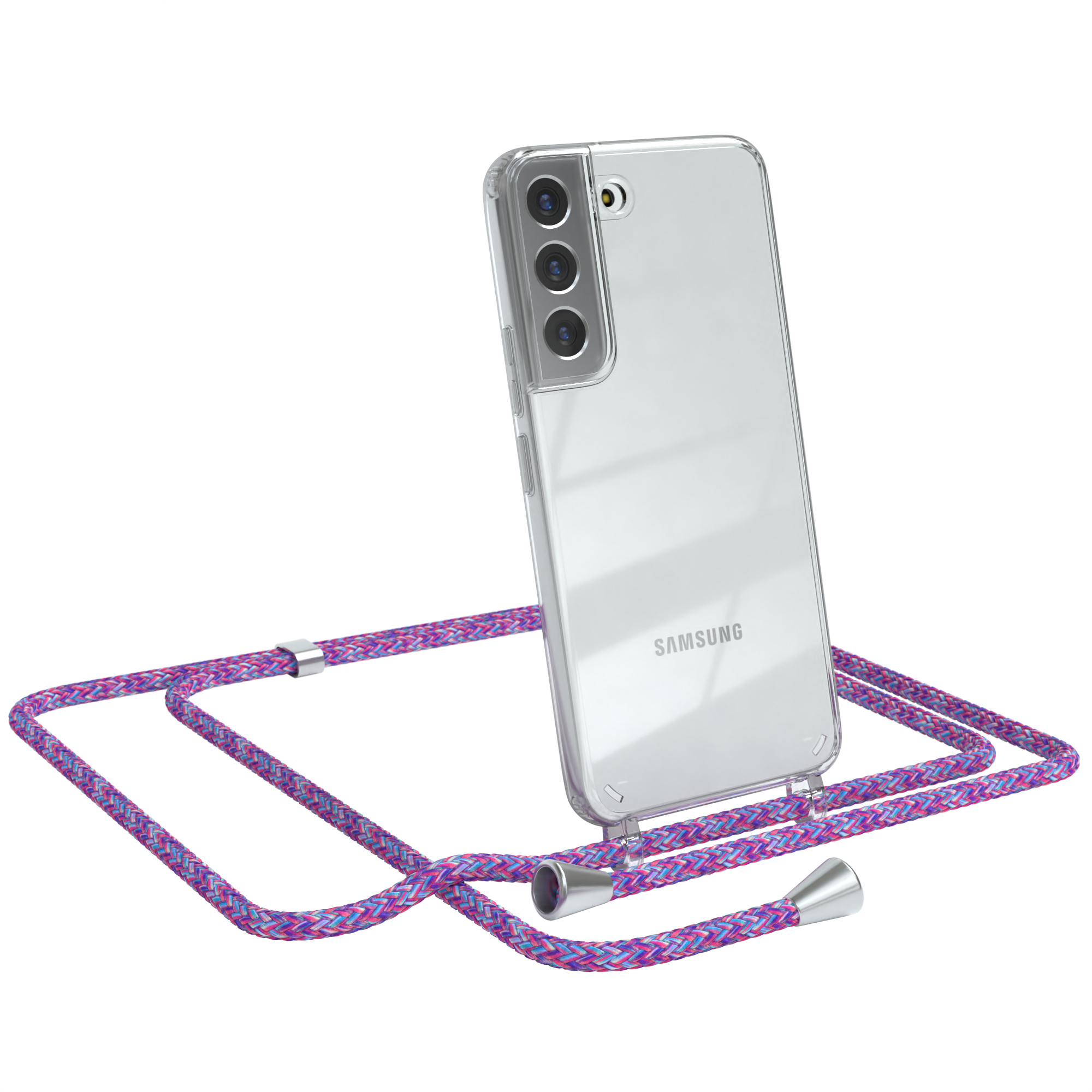 Transparente Handyhülle mit lila Kabel. Telefon lehnt. Samsung Logo. Weißer Hintergrund.