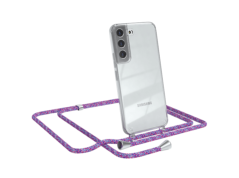 EAZY CASE Clear Cover mit Umhängeband, Umhängetasche, Samsung, Galaxy S22 5G, Lila / Clips Silber