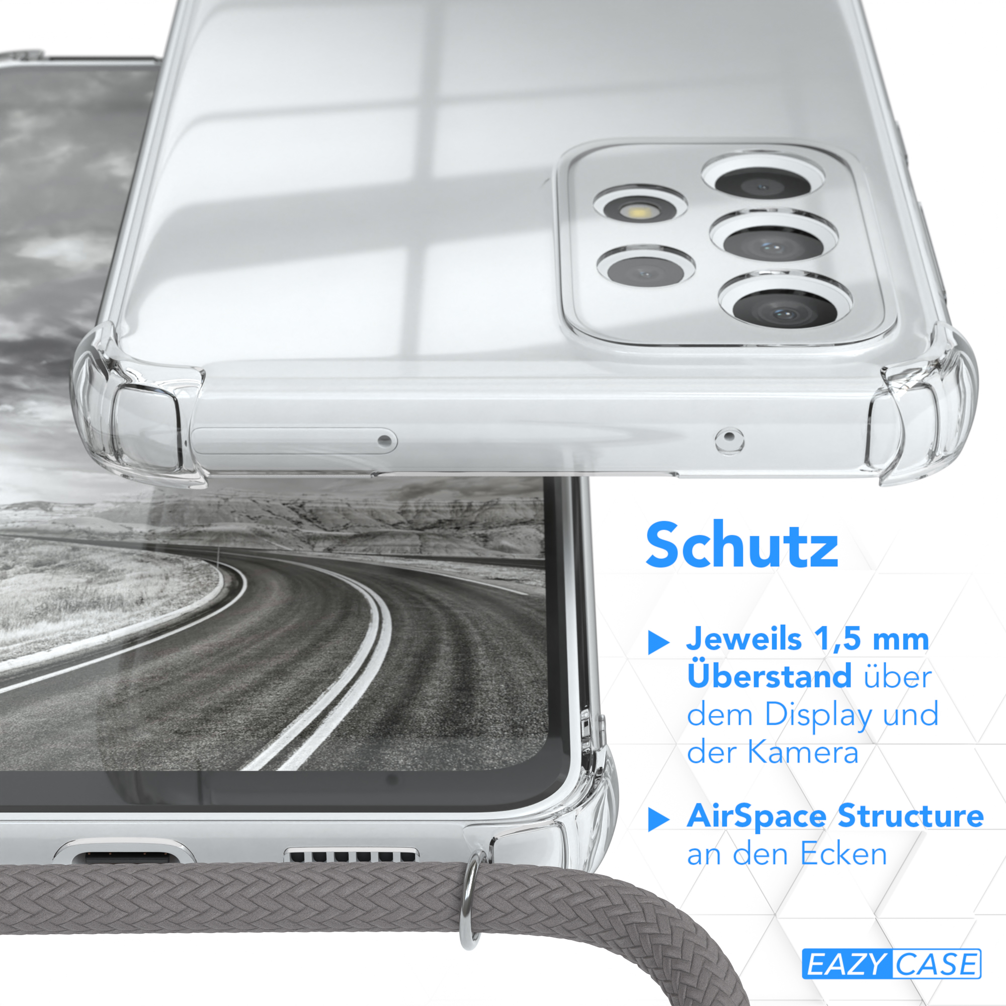 Transparente Handyhülle über einem Straßenhintergrund. Merkmale sind Display-/Kameraschutz und AirSpace-Struktur.