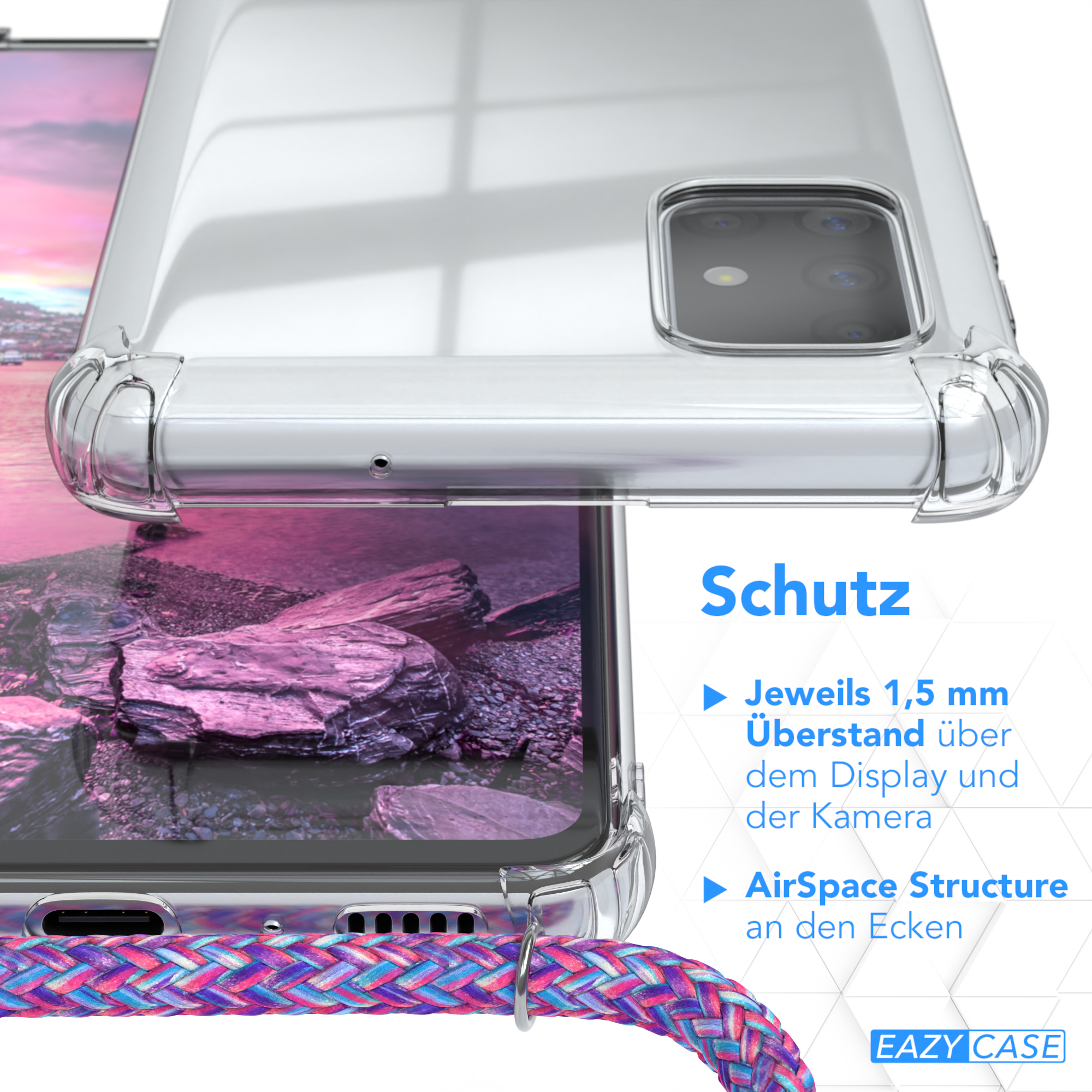 Transparente Handyhülle mit buntem Riemen. Text: Schutz, AirSpace Structure und Kameraschutz.