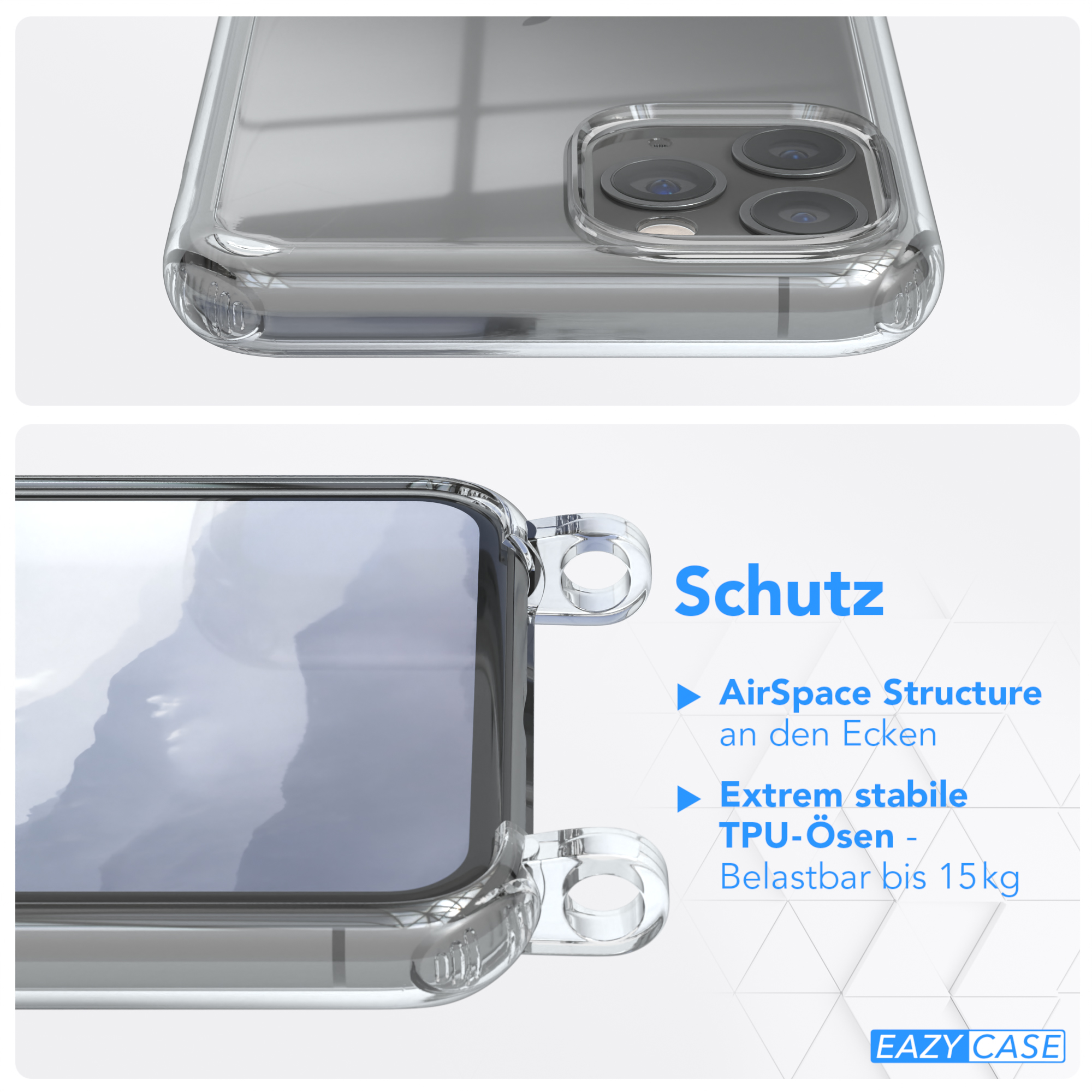 Transparente Handyhülle mit Text 'Schutz', Aufzählungspunkte zu AirSpace Structure und TPU-Ösen.