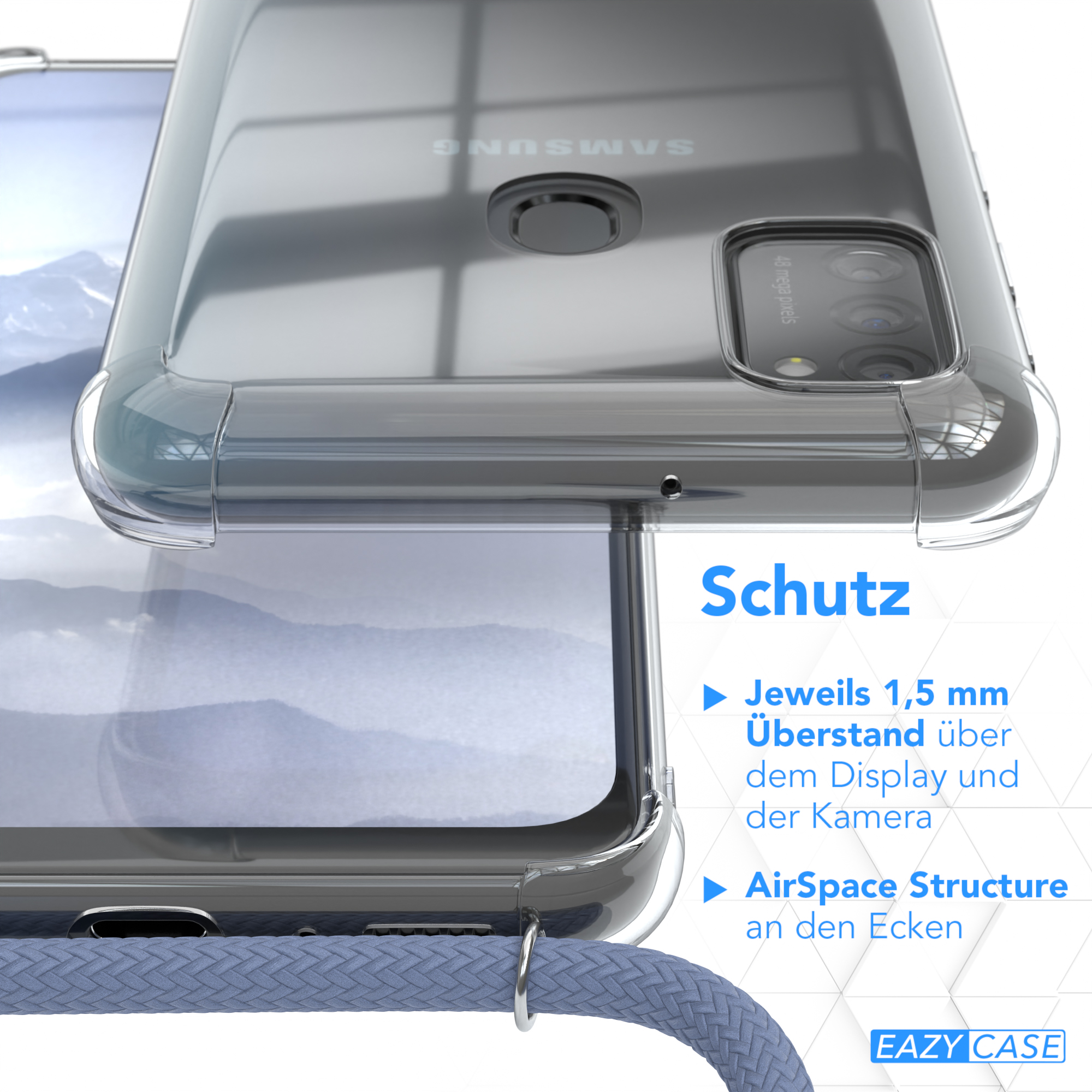 Nahaufnahme einer Handyhülle mit Telefon. Klare Kunststoffhülle mit Text und blauem Band.