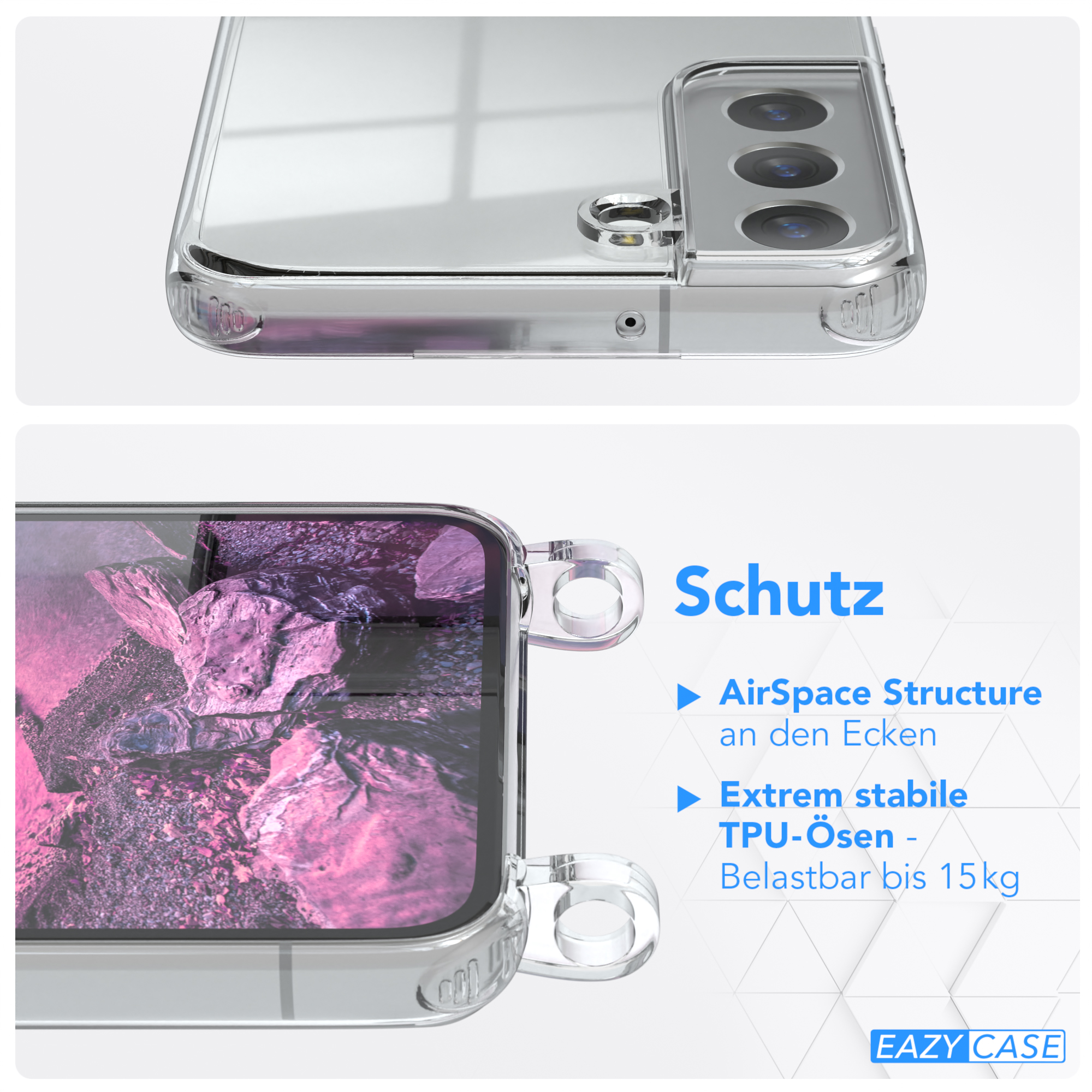 Detailansicht der Handyhülle. Transparente Hülle, rosa Innenraum. Text zeigt AirSpace und TPU.