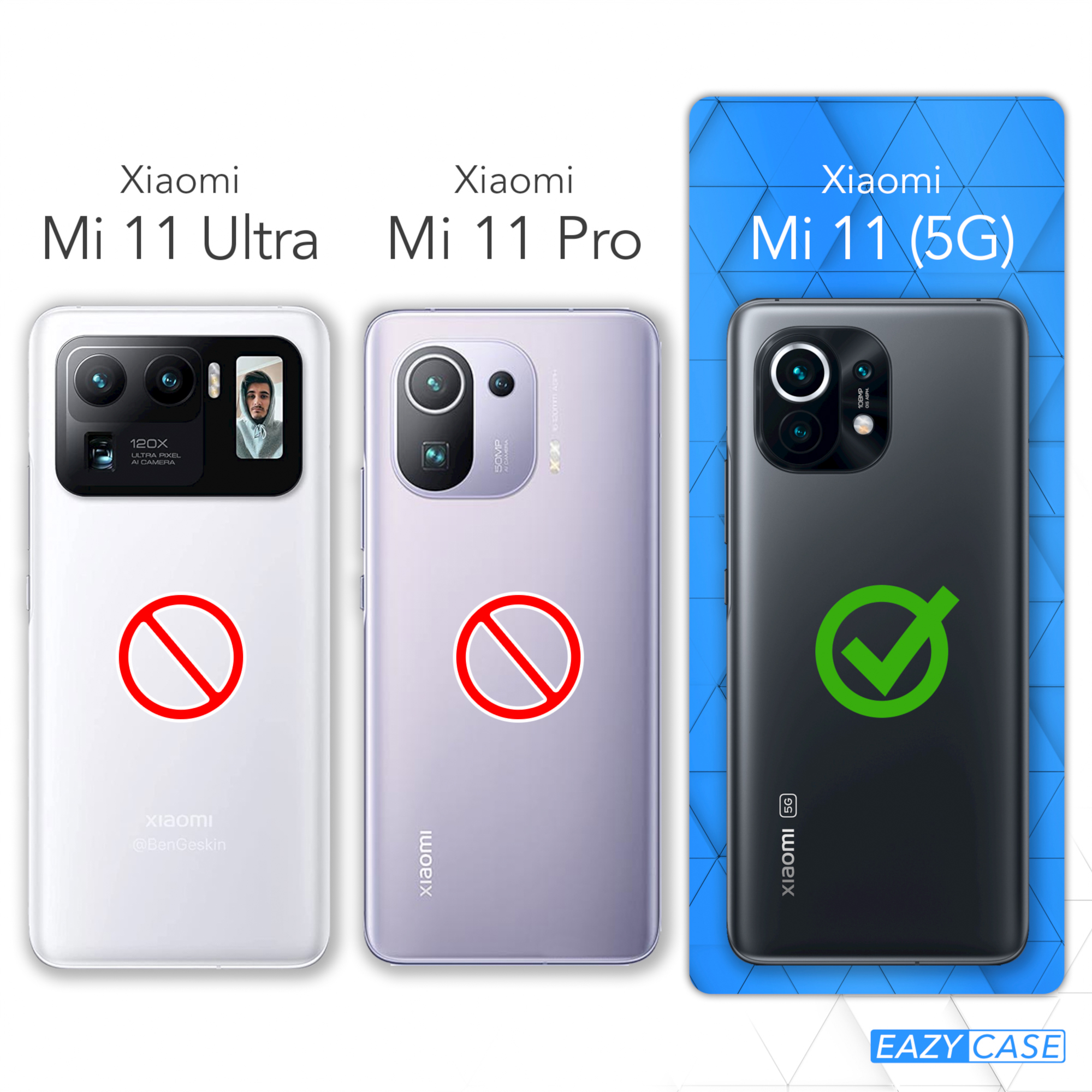 Drei Xiaomi-Telefone mit Mi 11 Ultra, Mi 11 Pro und Mi 11 (5G), mit visuellen Anzeigen.