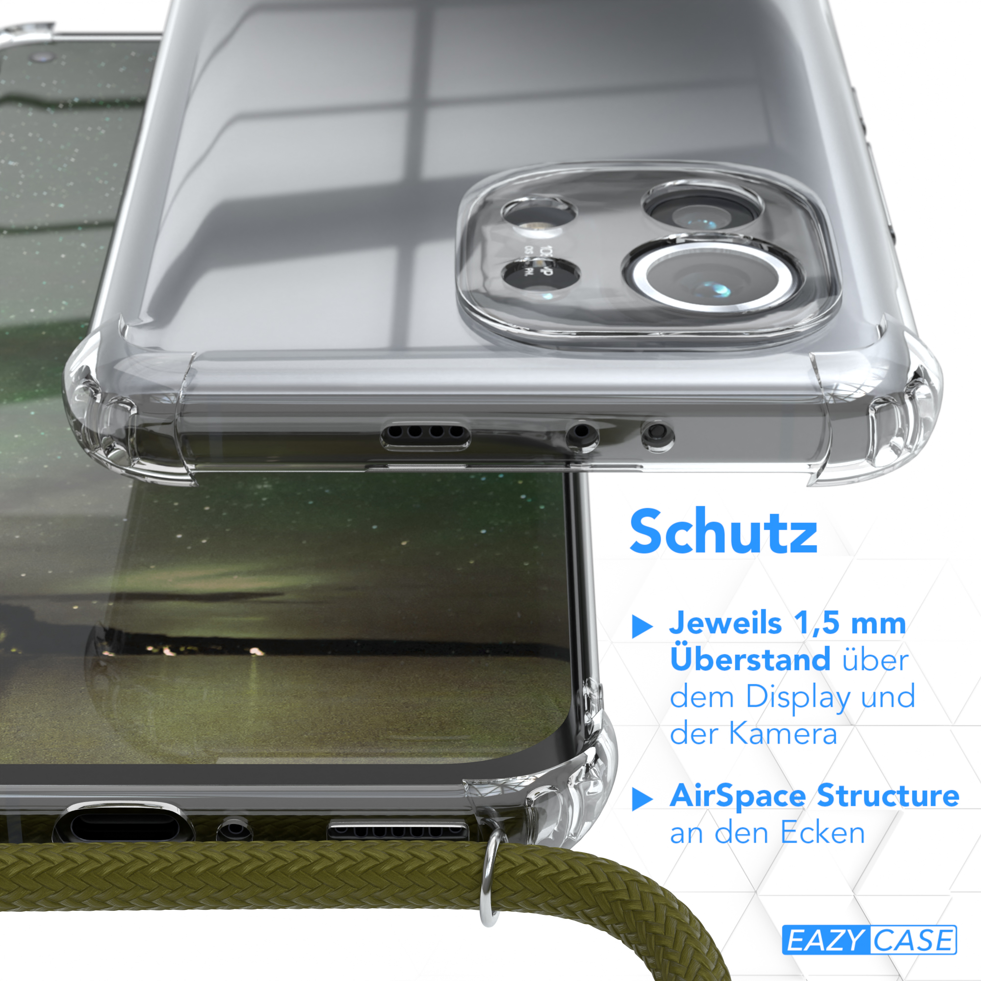 EAZY CASE Clear Cover mit 5G, Umhängetasche, Mi Grün Xiaomi, Olive Umhängeband, 11