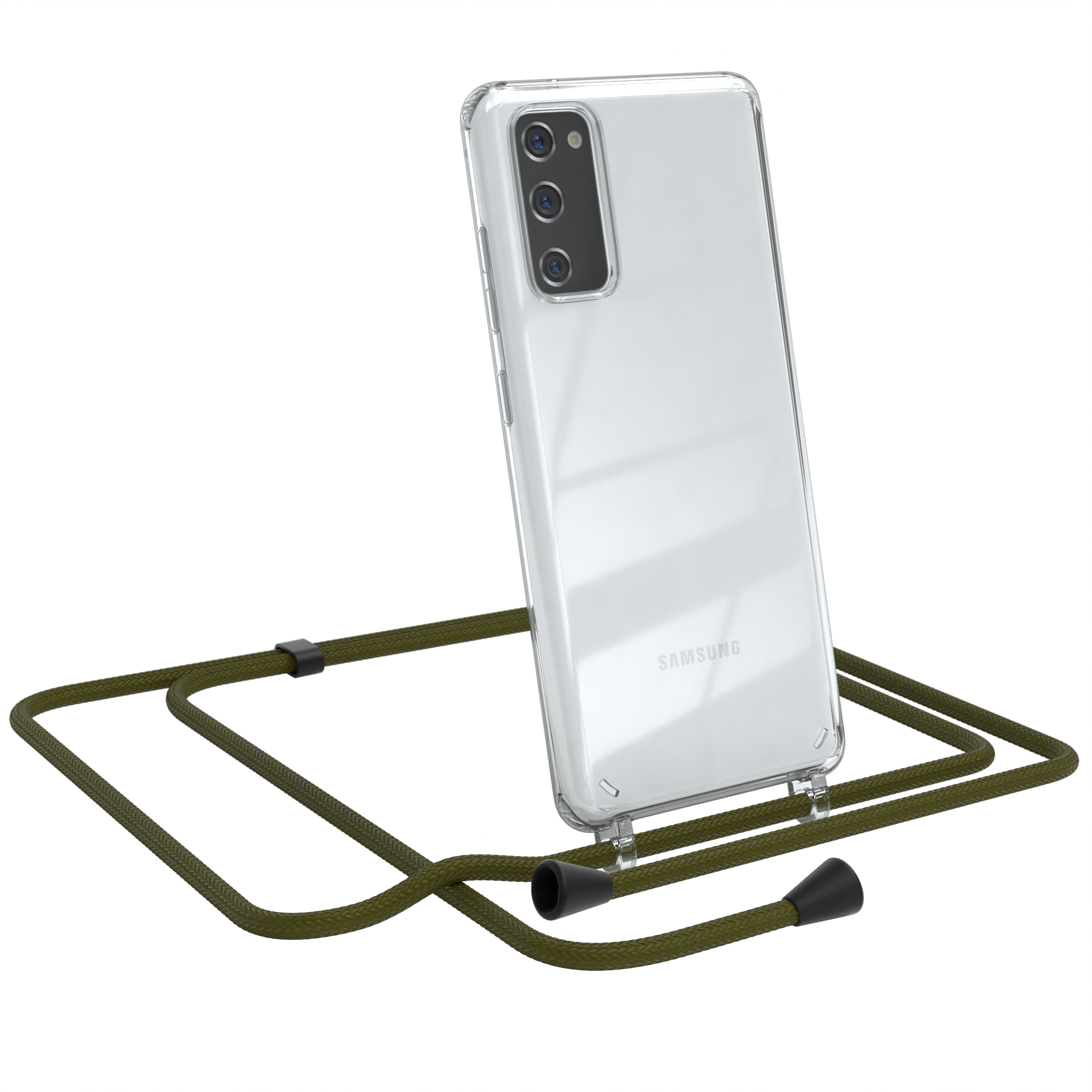 Transparente Handyhülle mit grünem Umhängeband. Samsung-Telefon sichtbar. Weißer Hintergrund.