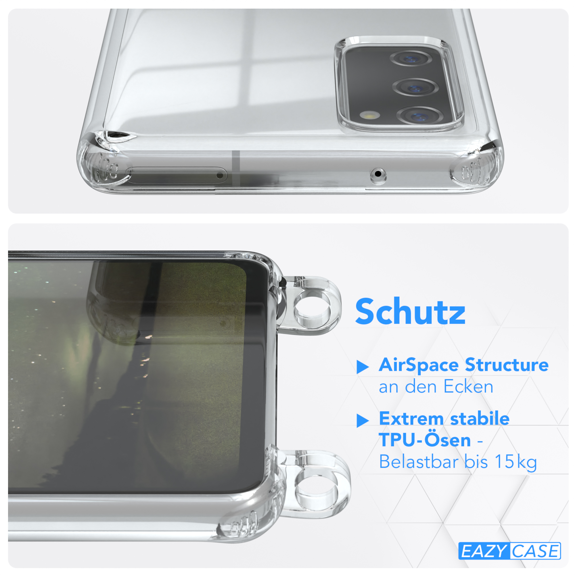 Nahaufnahme einer Handyhülle mit klarer Sicht auf das Telefon. Text: AirSpace-Struktur, TPU-Ösen bis 15 kg.