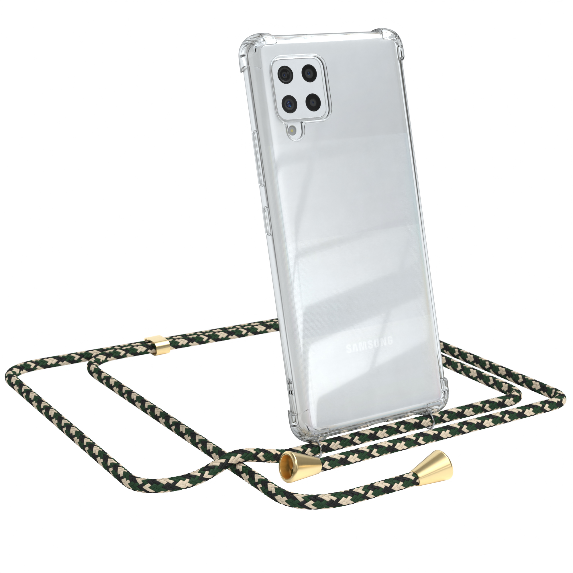Telefon in klarer Hülle mit grün-schwarzem Umhängeband, auf weißem Grund.