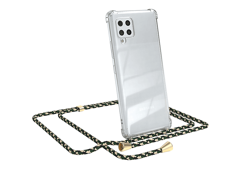 EAZY CASE Clear Cover mit Umhängeband, Umhängetasche, Samsung, Galaxy A42 5G, Grün Camouflage / Clips Gold | Handyketten