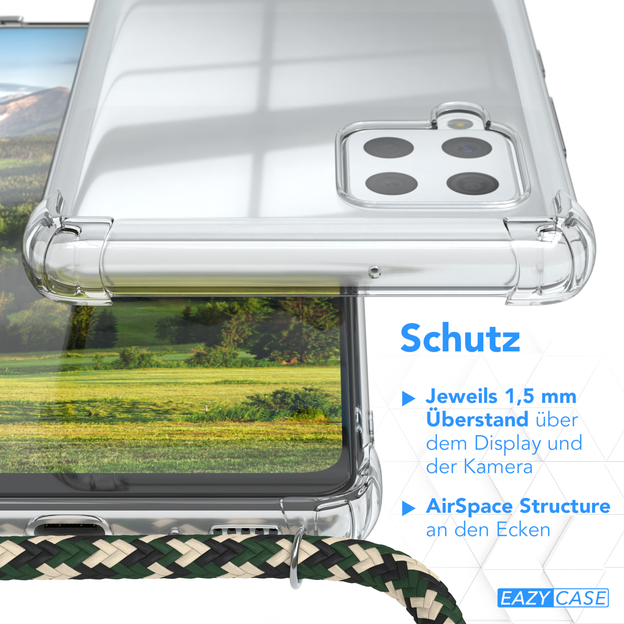 Nahaufnahme einer durchsichtigen Handyhülle. Die Handyhülle ist transparent mit einem grün-schwarzen Lanyard.