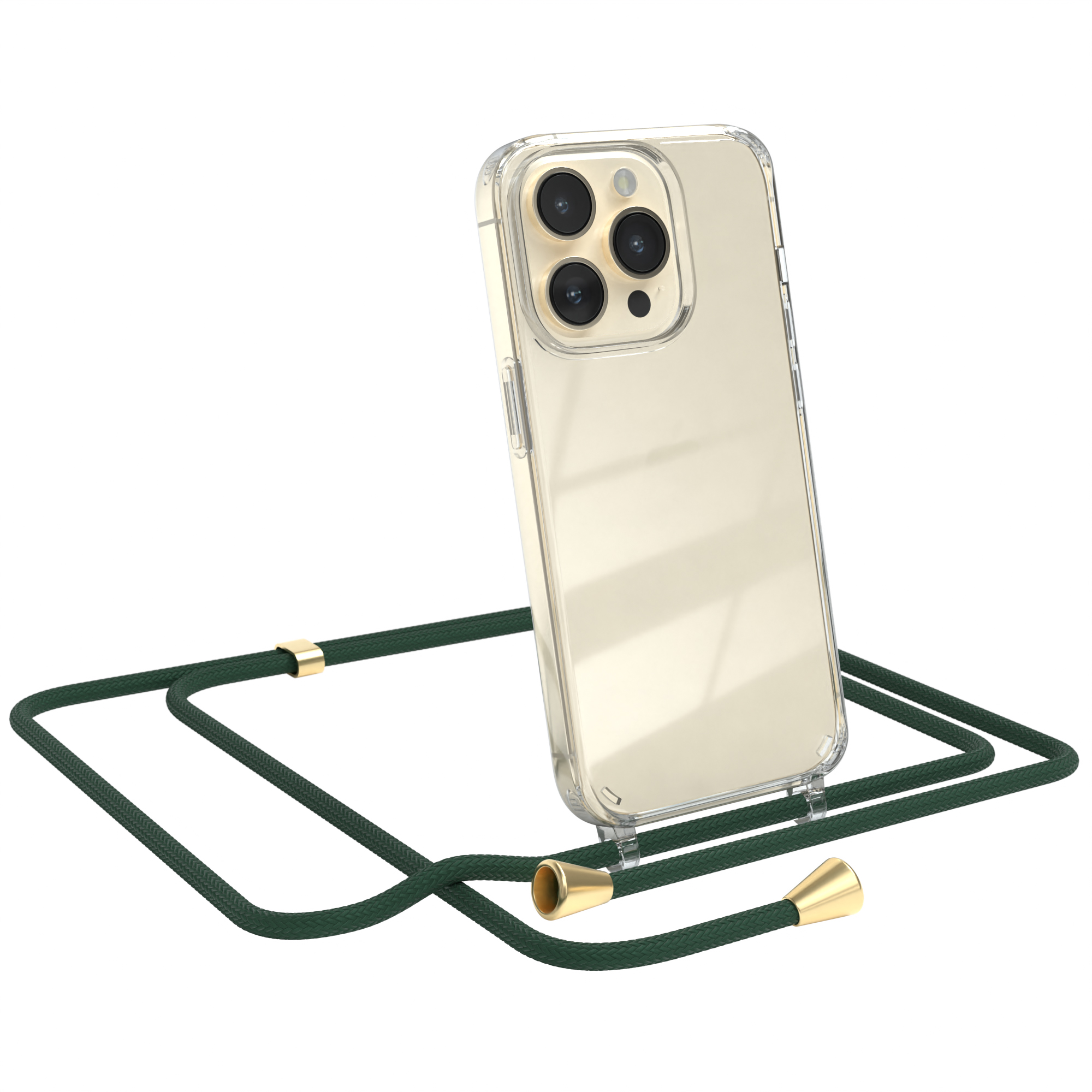 EAZY CASE iPhone Clips Apple, Pro, Gold Clear / 14 mit Grün Cover Umhängeband, Umhängetasche