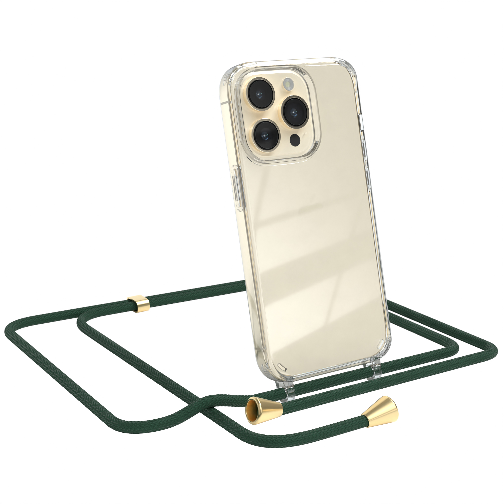 Transparente Handyhülle mit Telefon und grünem Umhängeband auf weißem Grund.