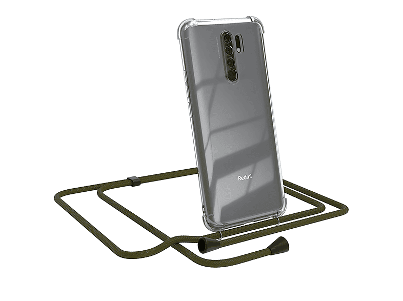 EAZY CASE Clear Cover mit Umhängeband, Umhängetasche, Xiaomi, Redmi 9 / Redmi 9 Prime, Olive Grün