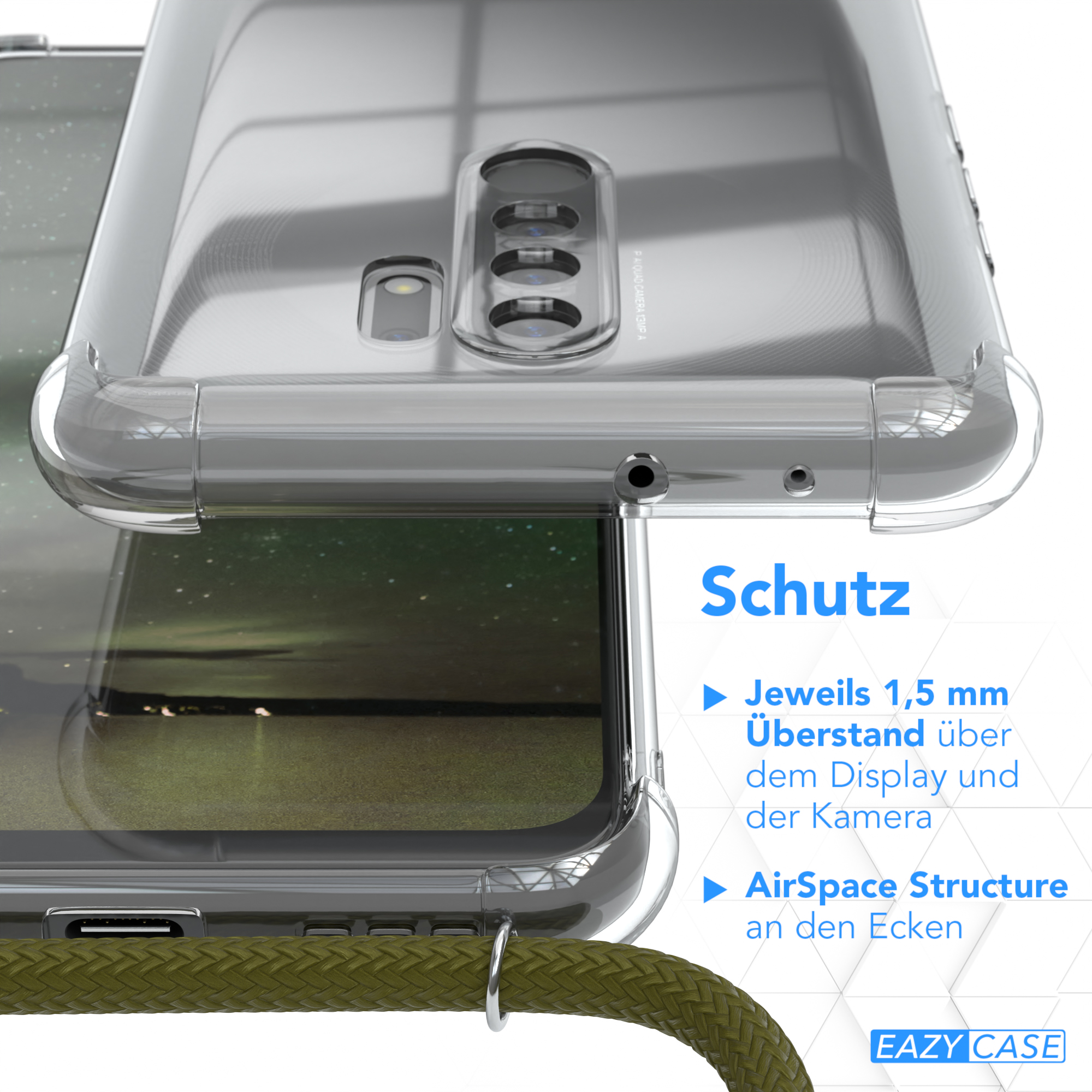 Nahaufnahme der Handyhülle auf dem Telefon, mit Text: Schutz, AirSpace-Struktur.