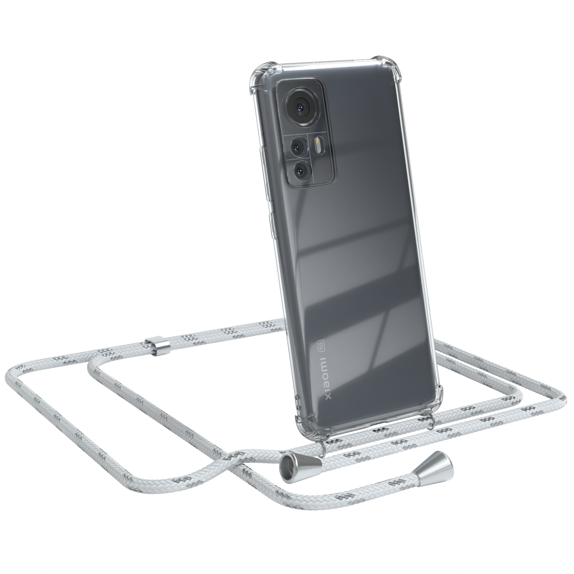 Clear Silber / Cover Xiaomi, mit EAZY 12 CASE / Weiß Umhängeband, Clips 12X, Umhängetasche,