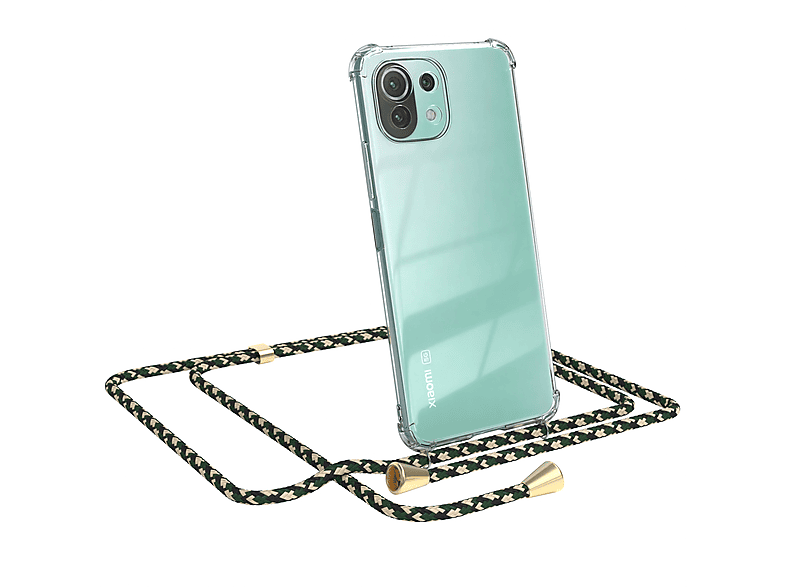 EAZY CASE Clear Cover mit Umhängeband, Umhängetasche, Xiaomi, Mi 11 Lite / 5G / 11 Lite 5G NE, Grün Camouflage / Clips Gold