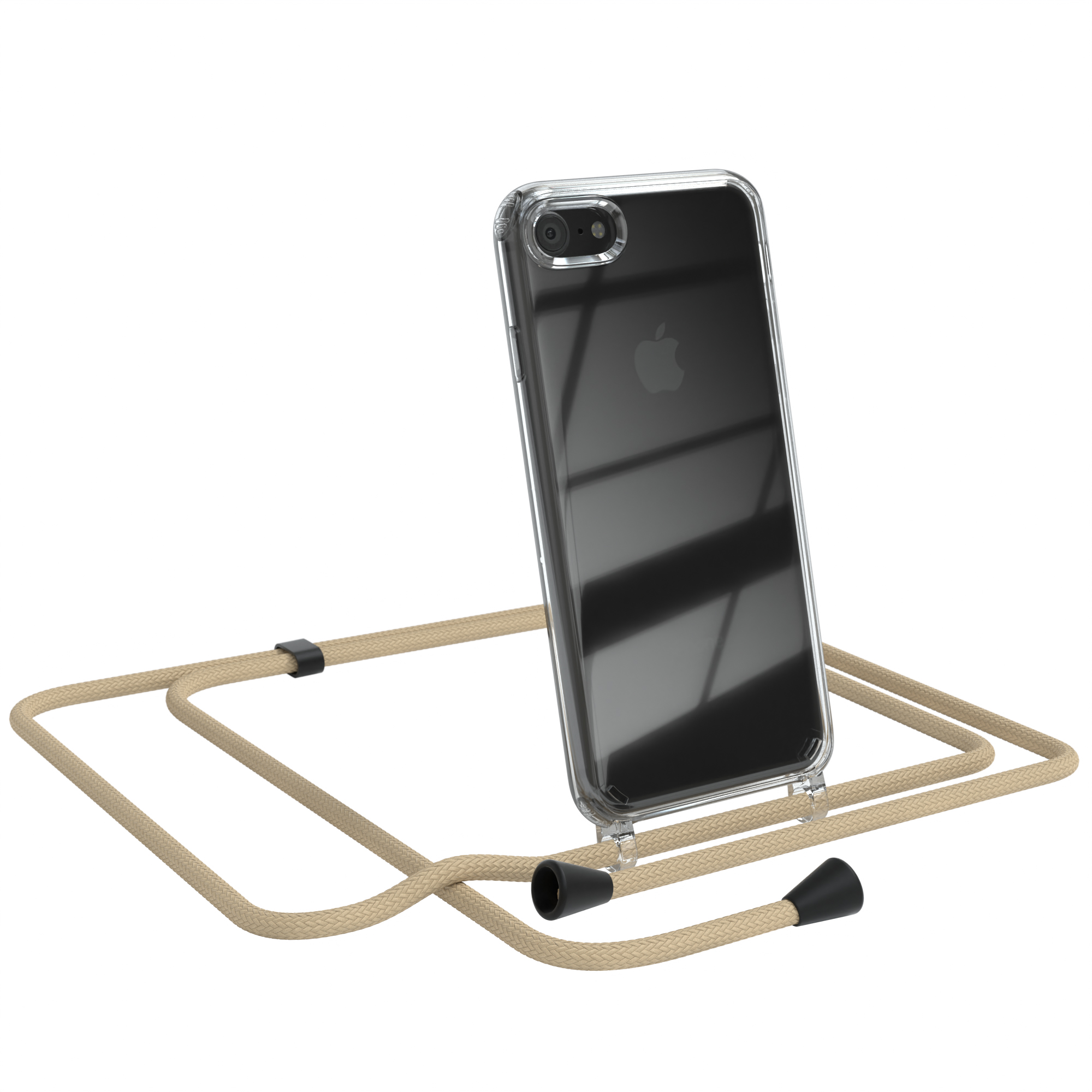 Transparente Handyhülle mit beigefarbenem Riemen, Apple-Telefon. Weißer Hintergrund.