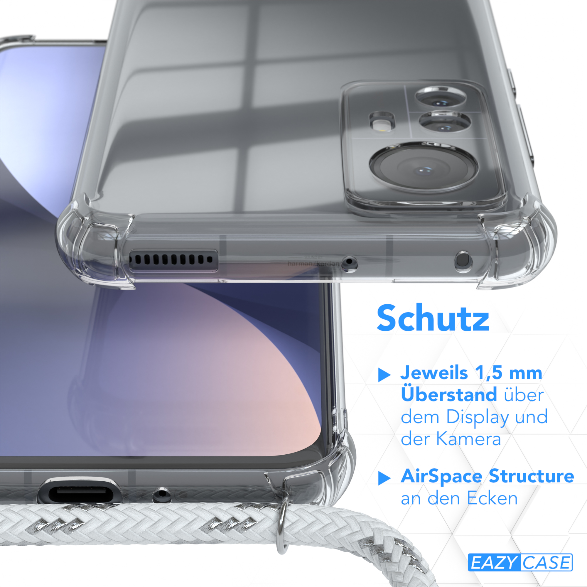 12X, Clips Umhängetasche, CASE 12 Silber Weiß / Clear Umhängeband, mit / Cover Xiaomi, EAZY