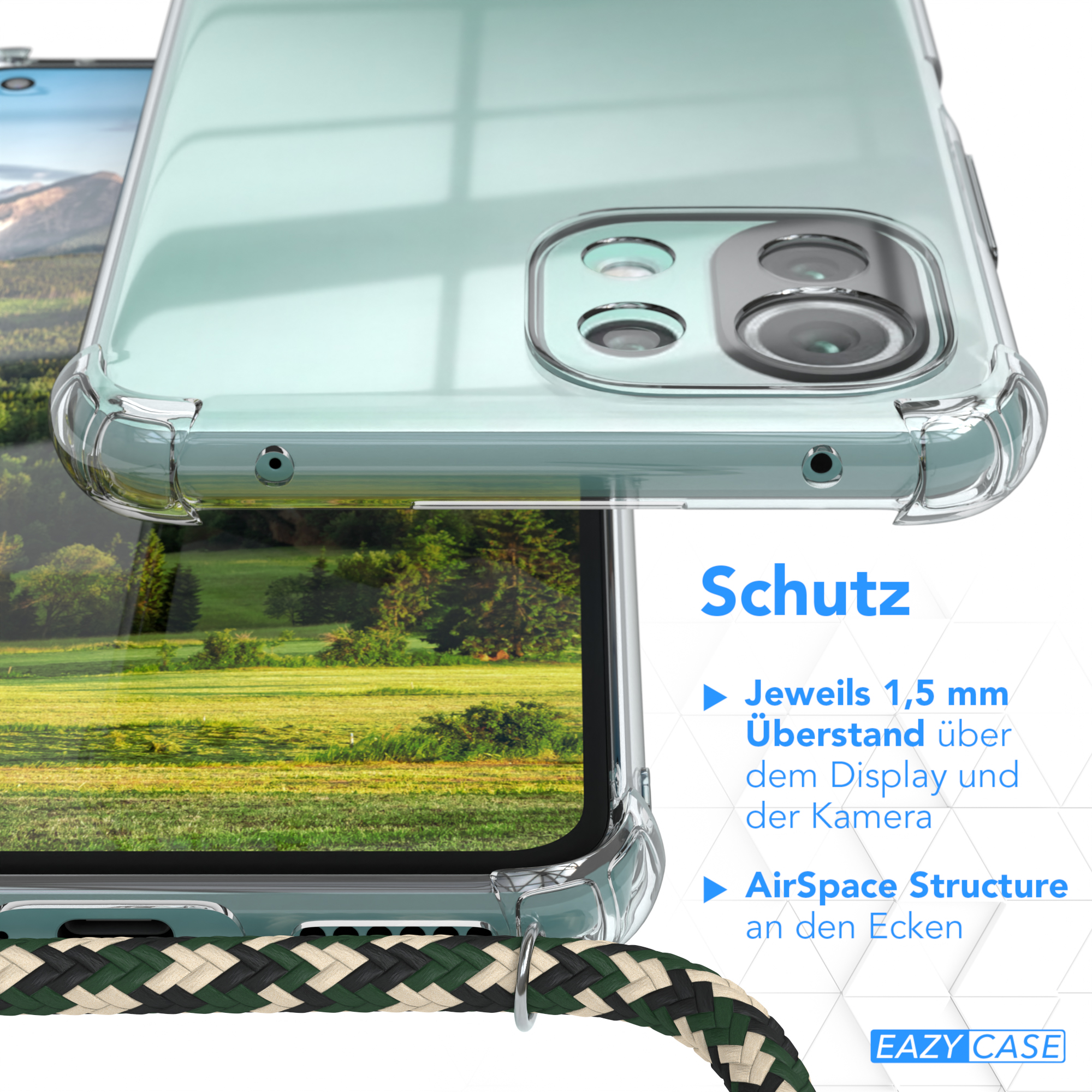 Nahaufnahme der Handyhülle über einer grünen Landschaft. Text: Schutz, AirSpace Structure und mehr.