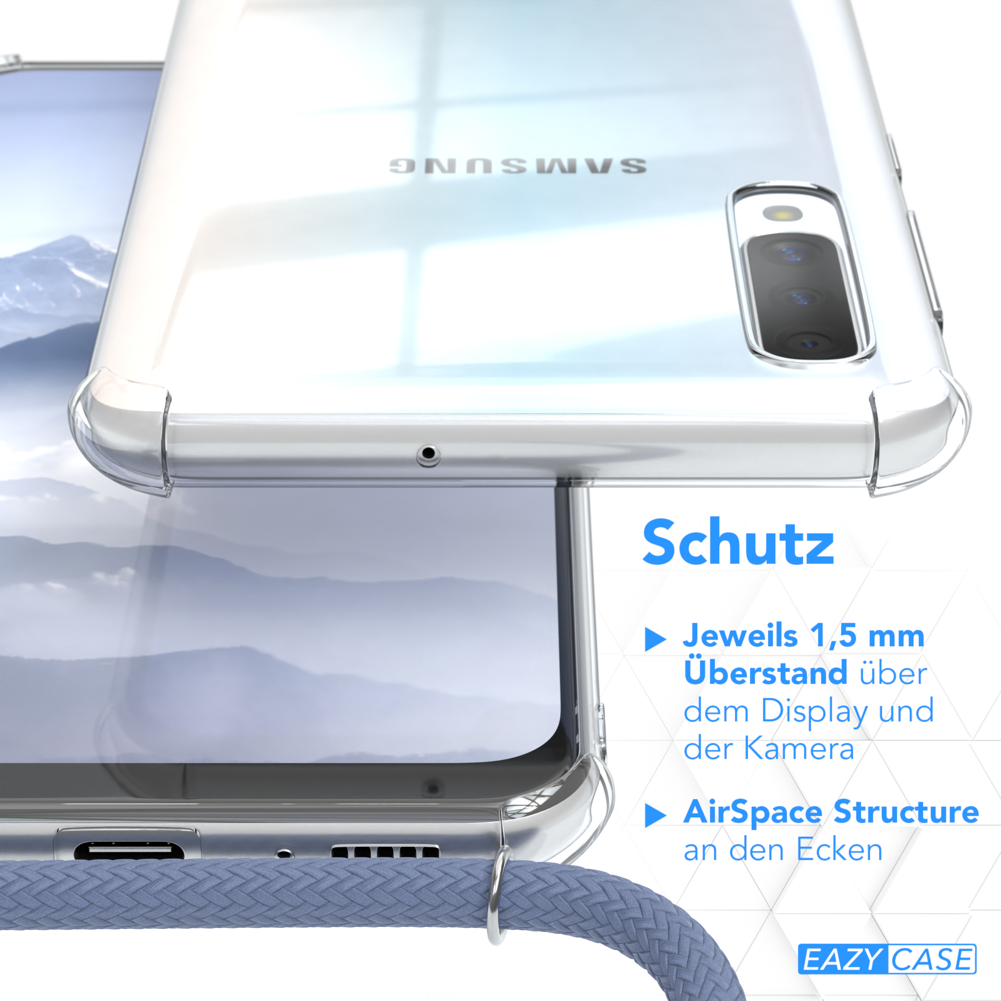 Eine klare Handyhülle über einem Telefon. Text weist auf Schutz und AirSpace Structure hin.