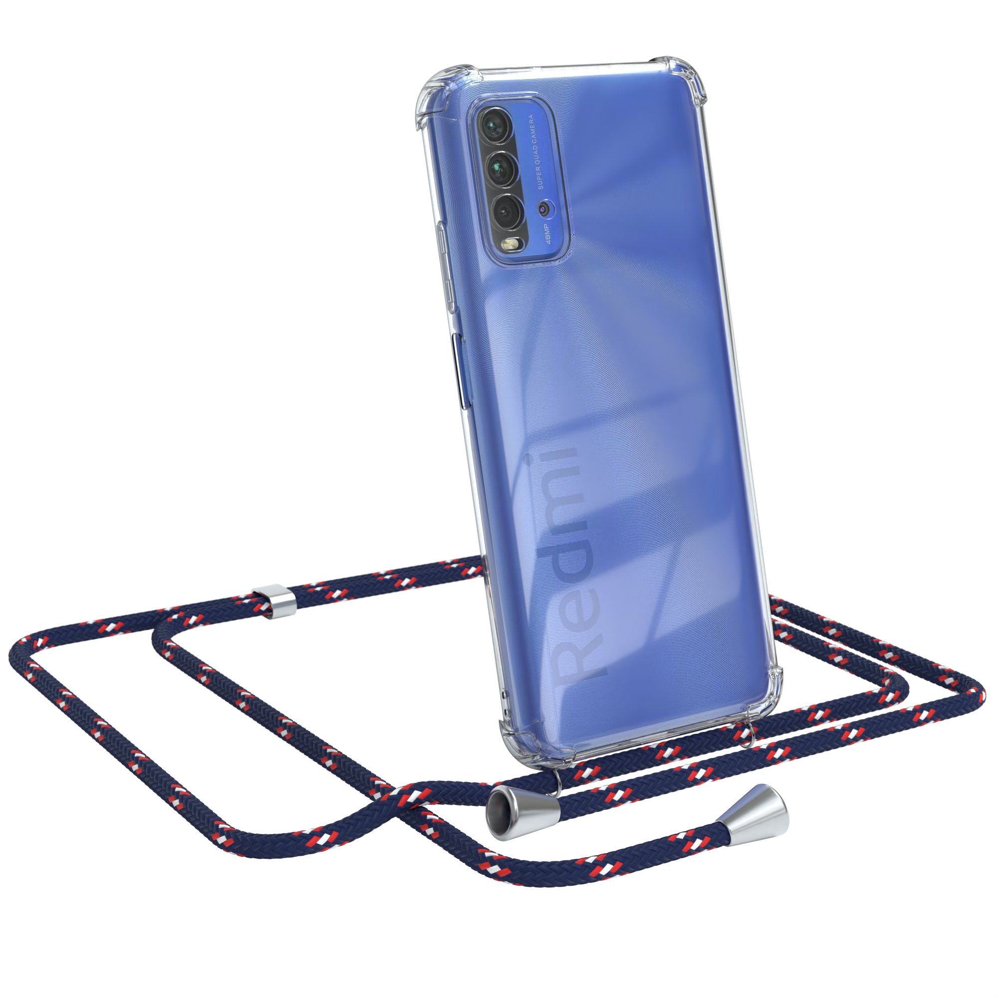 Transparente Handyhülle mit blauem Redmi-Telefon und blau/rotem Handystrap. Strap hat silberfarbene Enden.