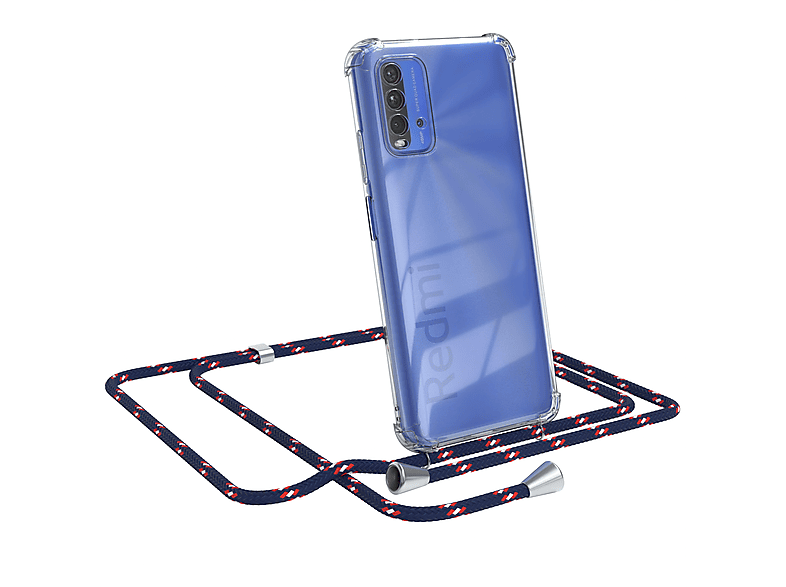 EAZY CASE Clear Cover mit Umhängeband, Umhängetasche, Xiaomi, Redmi 9T, Blau Camouflage / Clips Silber