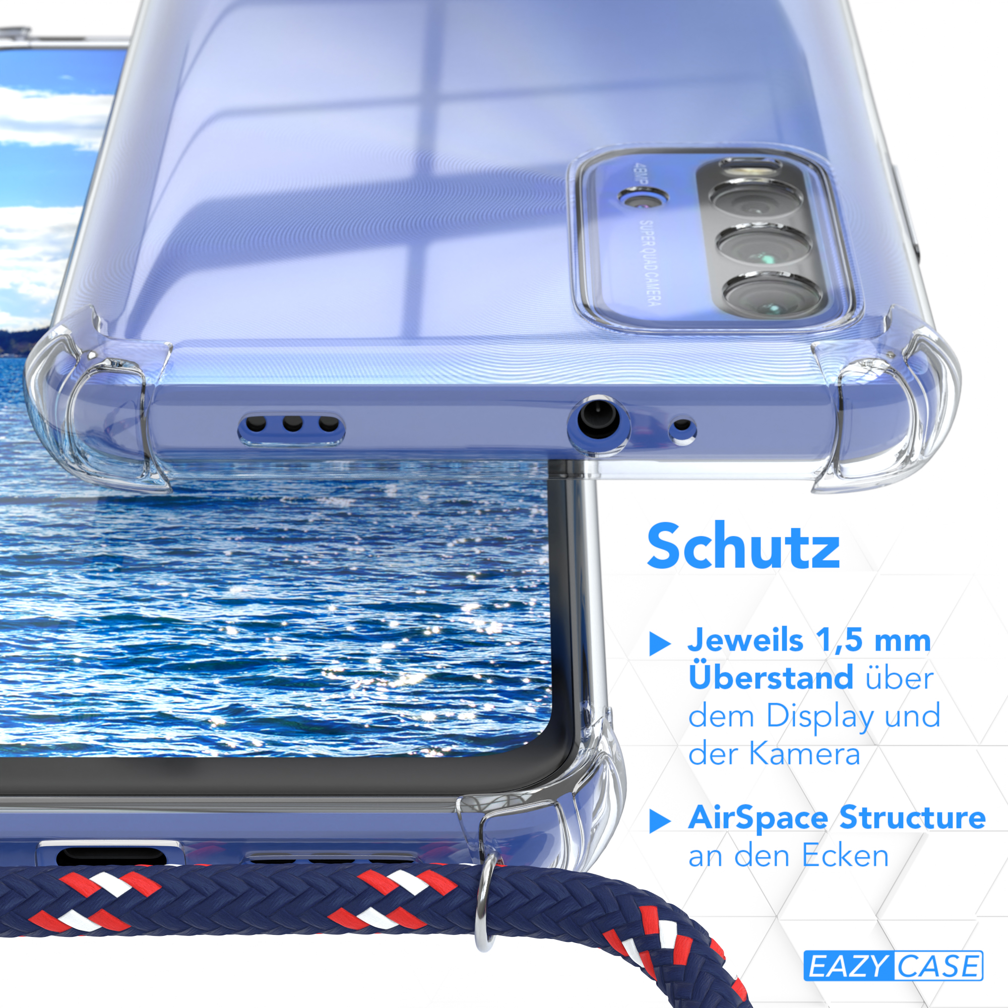 Eine transparente Handyhülle auf einem Handy, mit Wasser und einem Handyband.