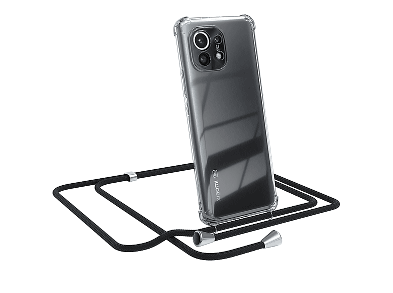 EAZY CASE Clear Cover mit Umhängeband, Umhängetasche, Xiaomi, Mi 11 5G, Schwarz / Clips Silber | Handyketten