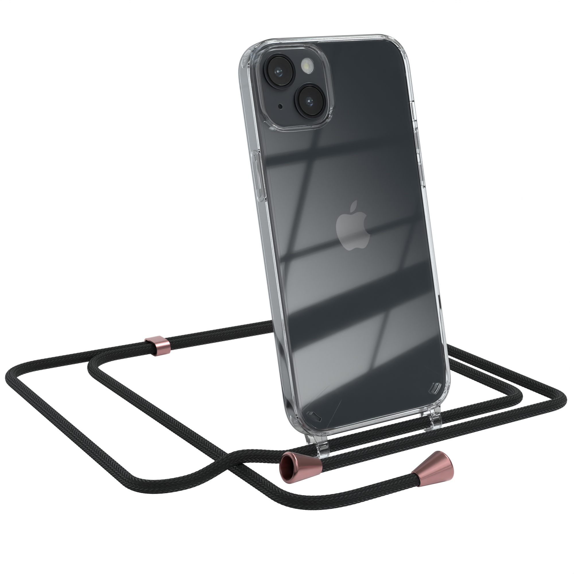 Ein Telefon in einer durchsichtigen Hülle mit schwarzem Kabel. Hintergrund ist weiß.