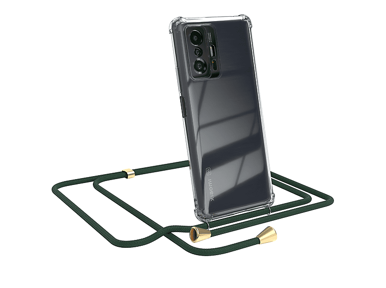 EAZY CASE Clear Cover mit Umhängeband, Umhängetasche, Xiaomi, 11T / 11T Pro 5G, Grün / Clips Gold | Handyketten