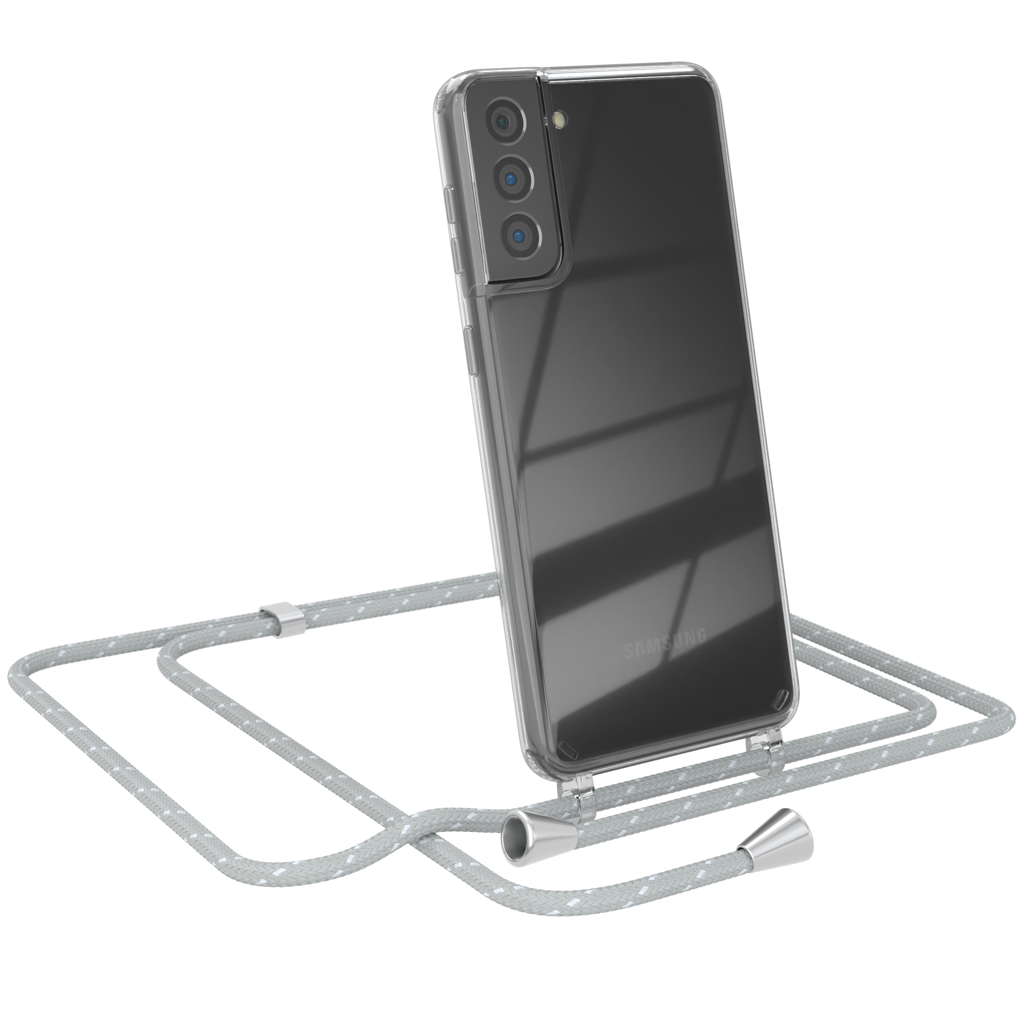 Transparente Handyhülle mit grauem Band. Samsung-Logo sichtbar. Weißer Hintergrund. Telefon abgewinkelt.