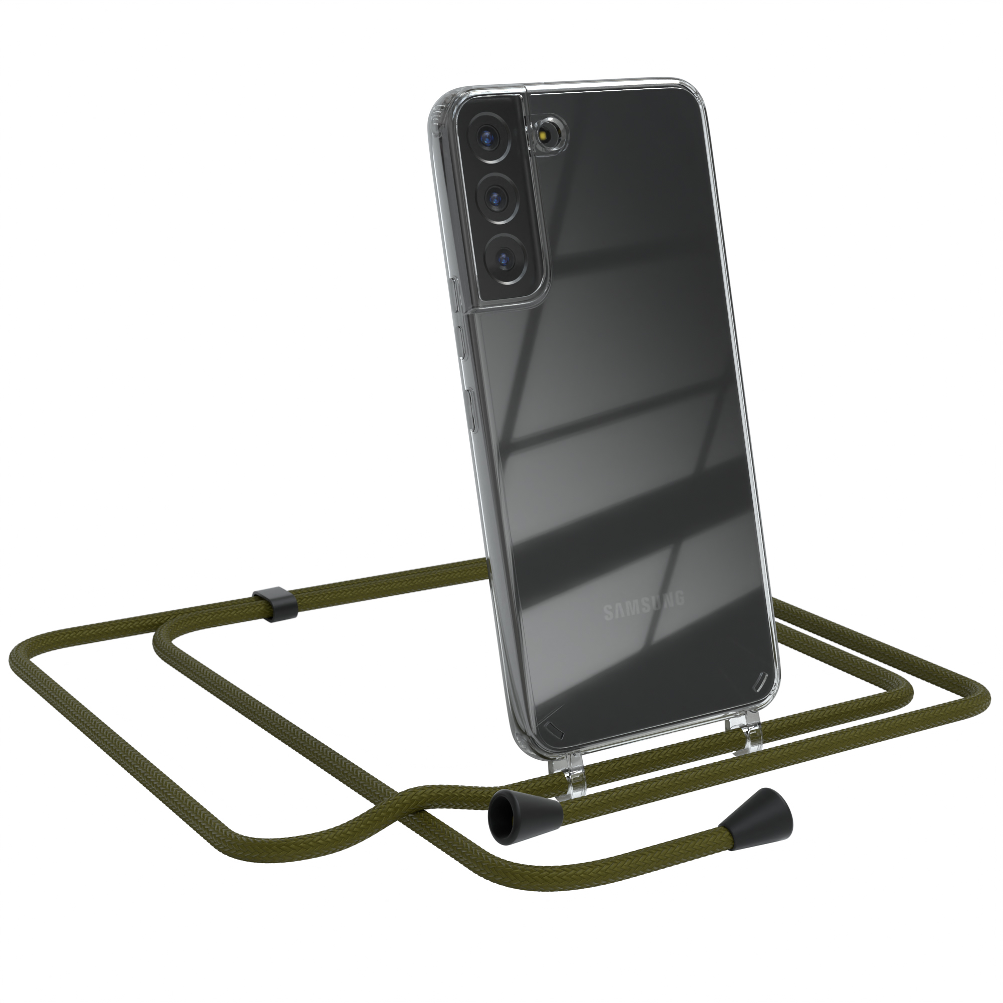 Samsung-Telefon in klarer Hülle mit olivfarbenem Umhängeband. Telefon abgewinkelt, Kamera weg.