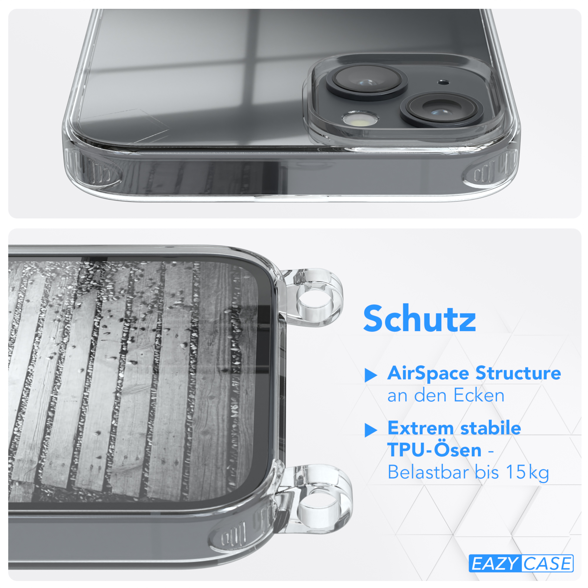 Nahaufnahme einer transparenten Handyhülle mit Schutzdetails, Text auf Deutsch.