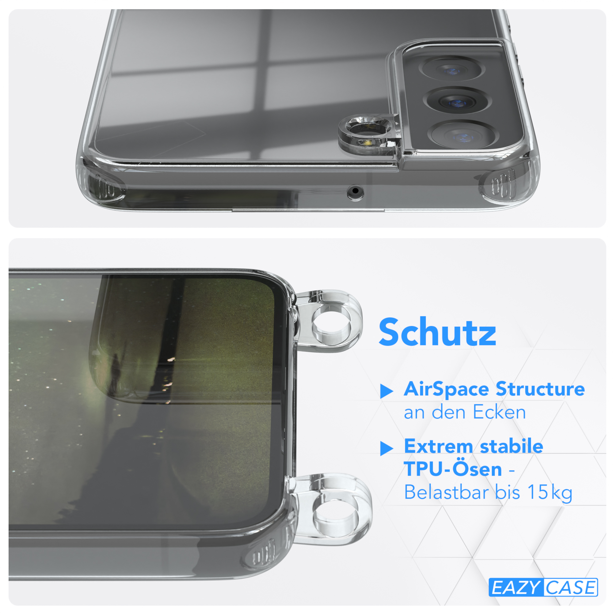 Transparente Handyhülle über Feldhintergrund. Merkmale sind Display-/Kameraschutz und AirSpace-Struktur.