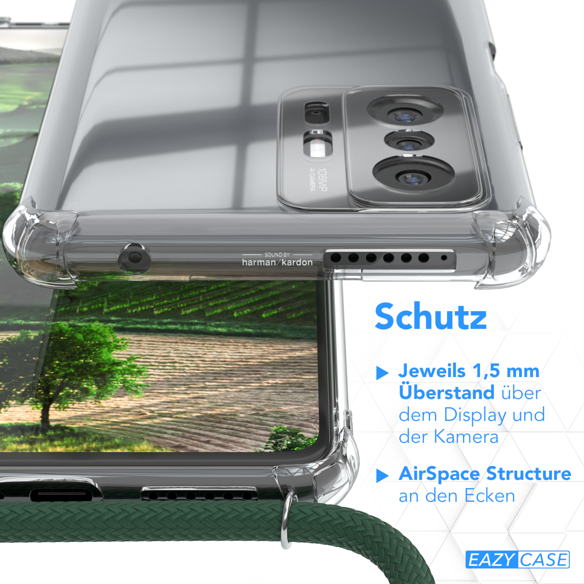 Transparente Handyhülle mit Kamera. Text 'Schutz'. Grünes Seil. Eazy Case Logo.