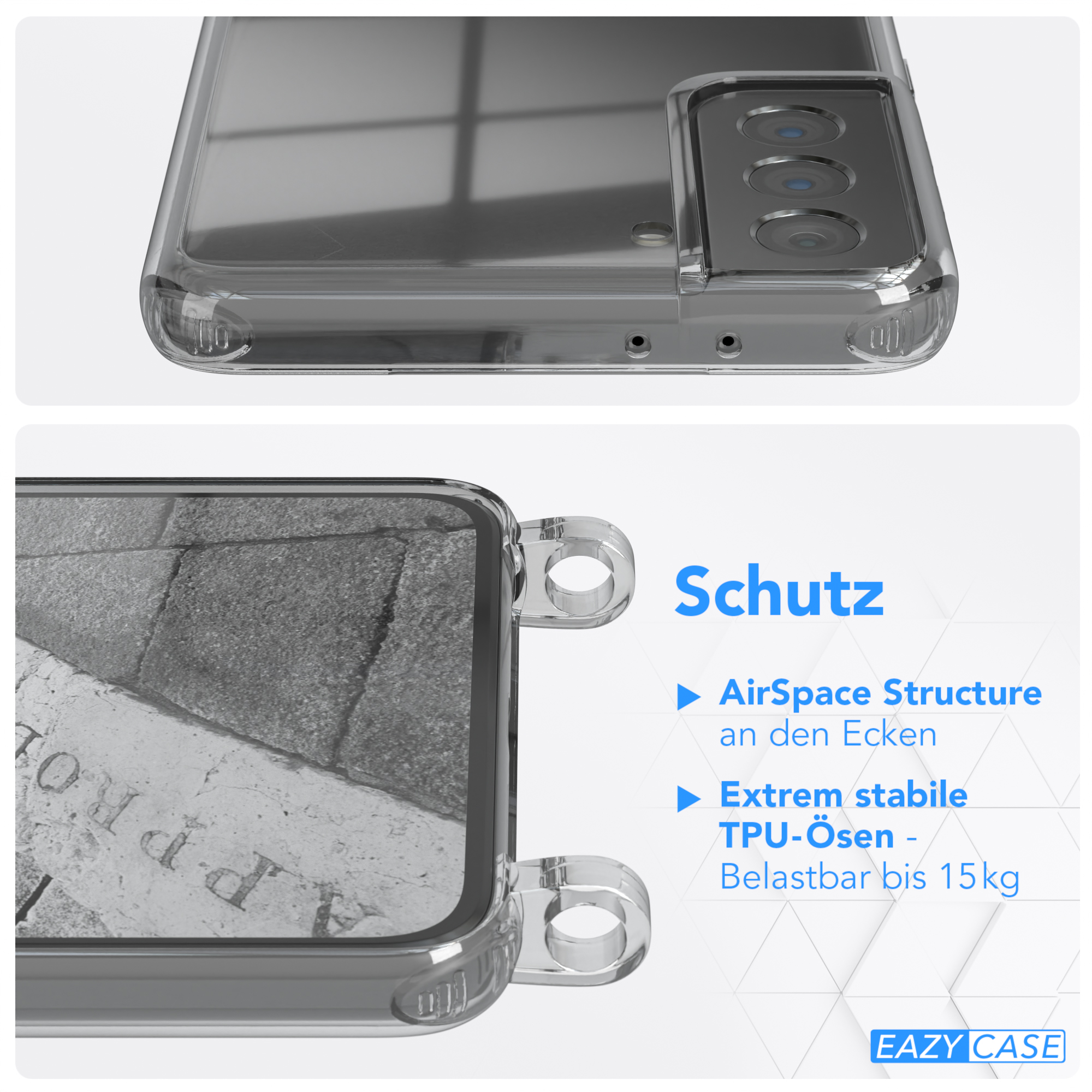 Transparente Handyhülle mit Telefon darin. Text sagt 'Schutz', 'AirSpace Structure' und 'TPU-Ösen'.