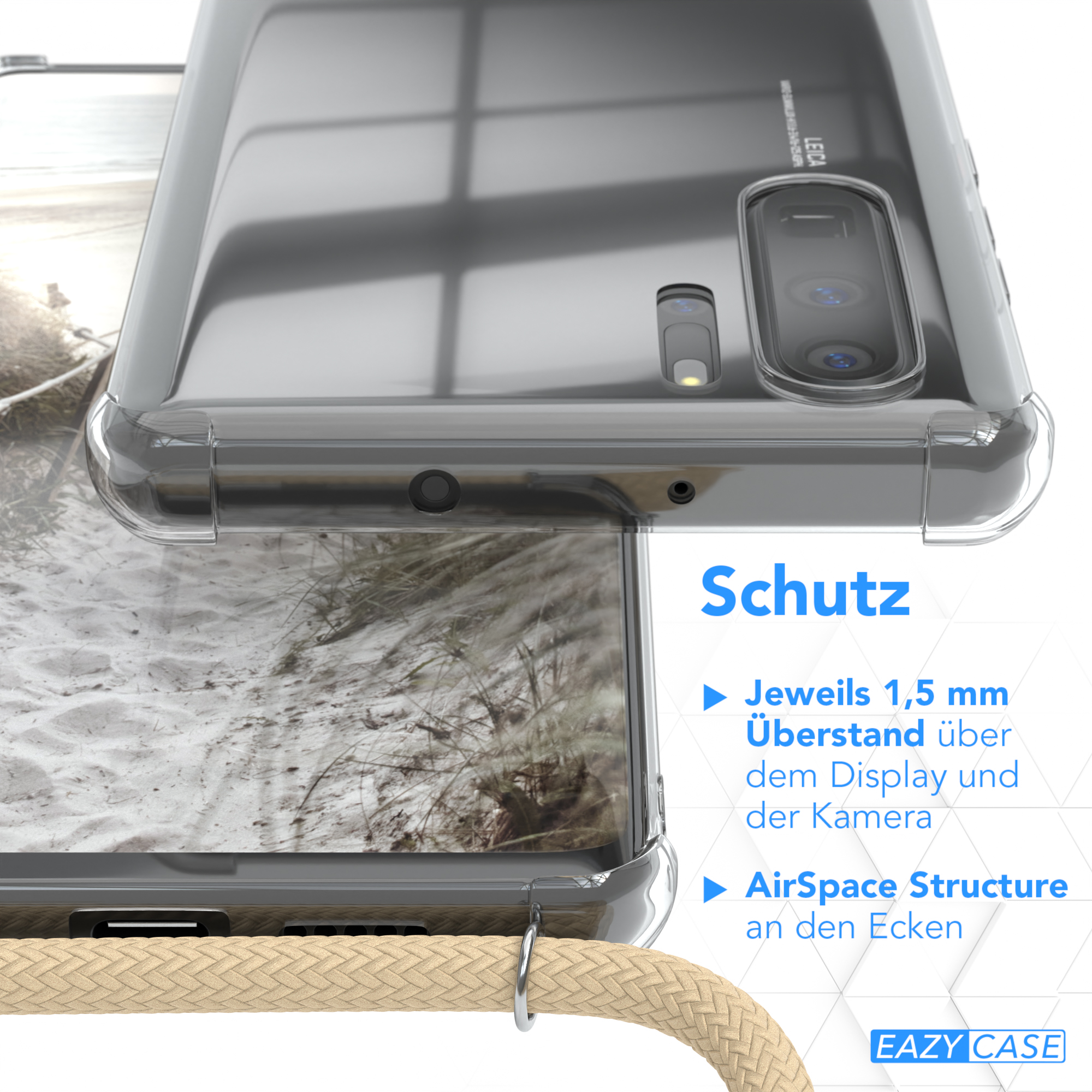 Nahaufnahme einer Handyhülle. Text auf dem Bildschirm, mit Schutzfunktionen.