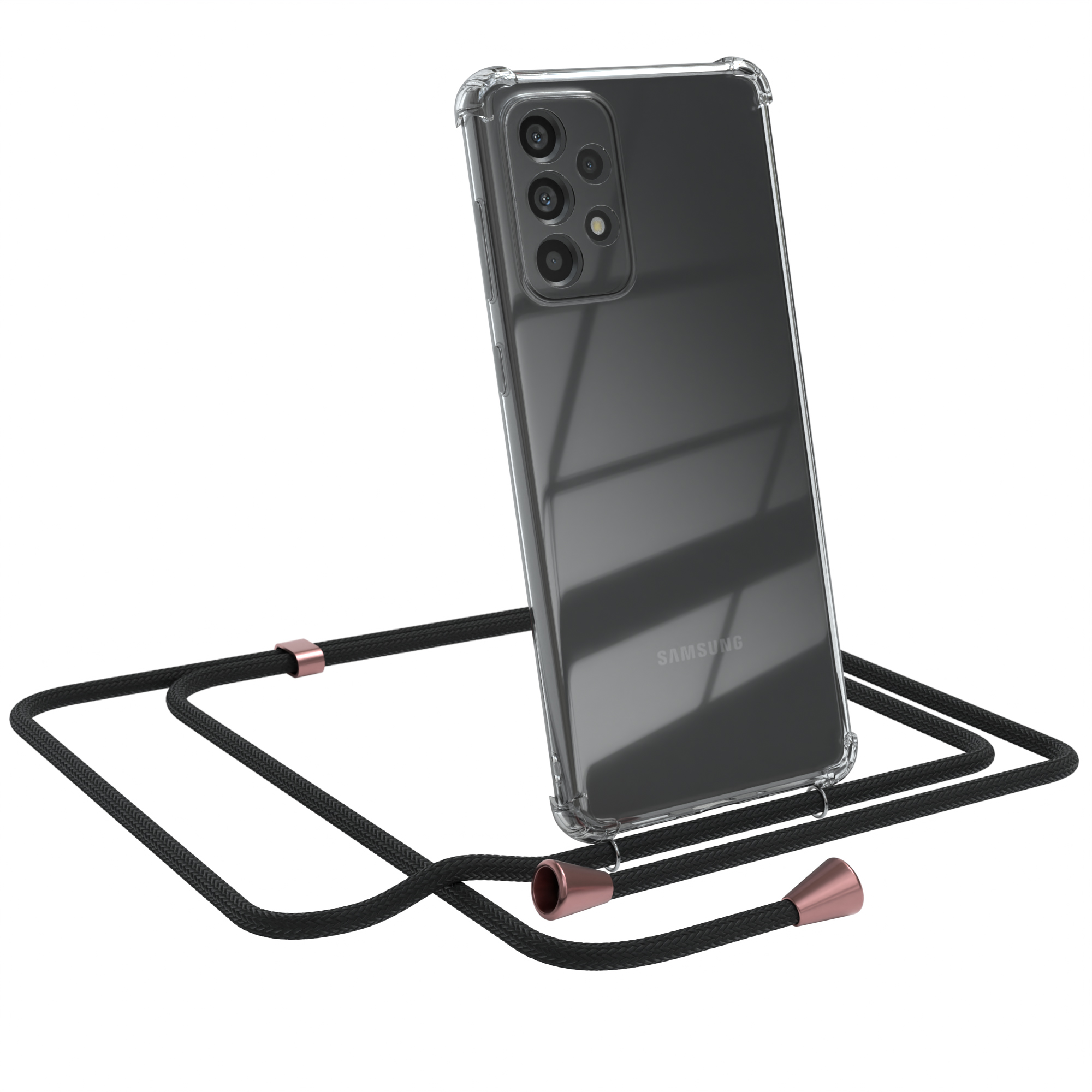 Eine transparente Handyhülle mit schwarzem Umhängeband. Ein Samsung-Telefon ist darin.