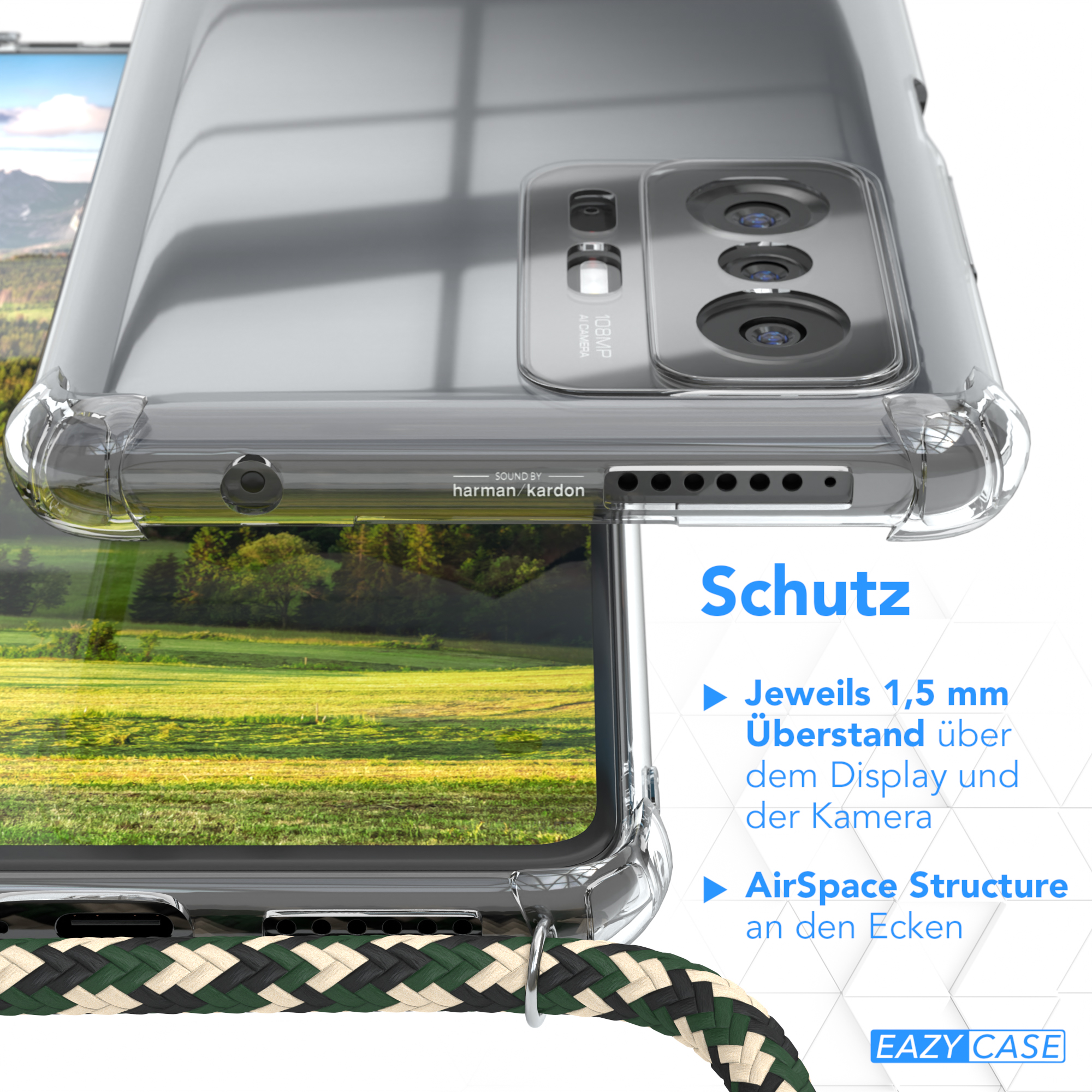 Transparente Handyhülle mit einem grün-schwarzen Riemen. Die Hülle hebt die Kamera des Telefons hervor. Der Hintergrund zeigt ein Feld.