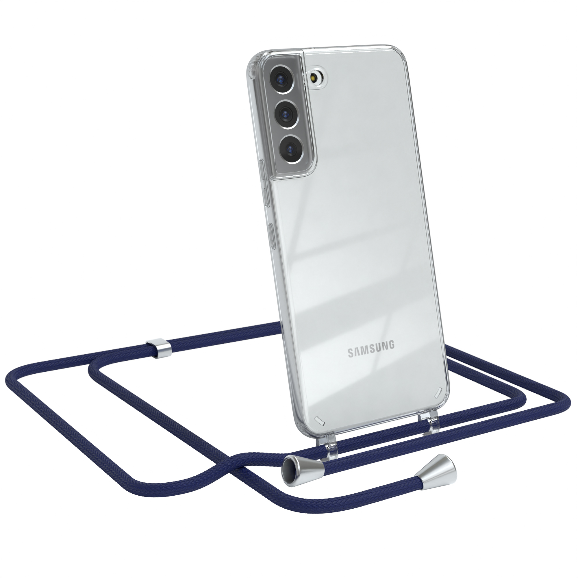 Ein Samsung-Telefon in einer durchsichtigen Hülle mit einem marineblauen Umhängeband. Das Telefon ist abgewinkelt.