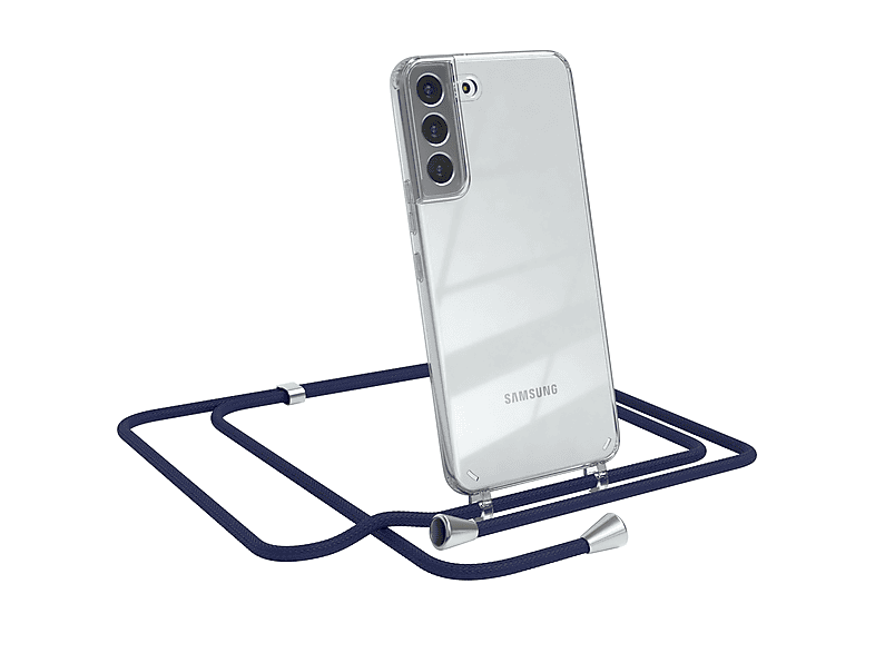 EAZY CASE Clear Cover mit Umhängeband, Umhängetasche, Samsung, Galaxy S22 Plus 5G, Blau / Clips Silber