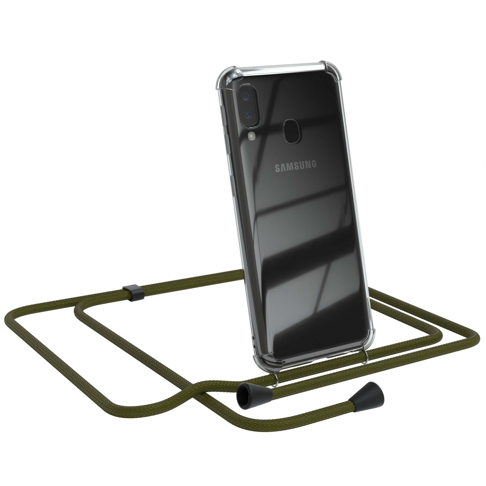Transparente Handyhülle mit grünem Schlüsselband. Samsung-Telefon innen.