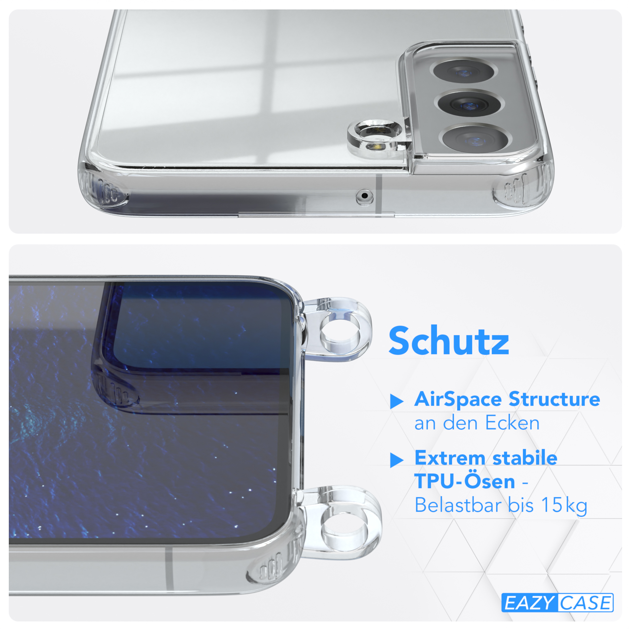 EAZY Samsung, / 5G, CASE Clips Galaxy Blau Umhängetasche, mit Silber Umhängeband, Clear Plus Cover S22