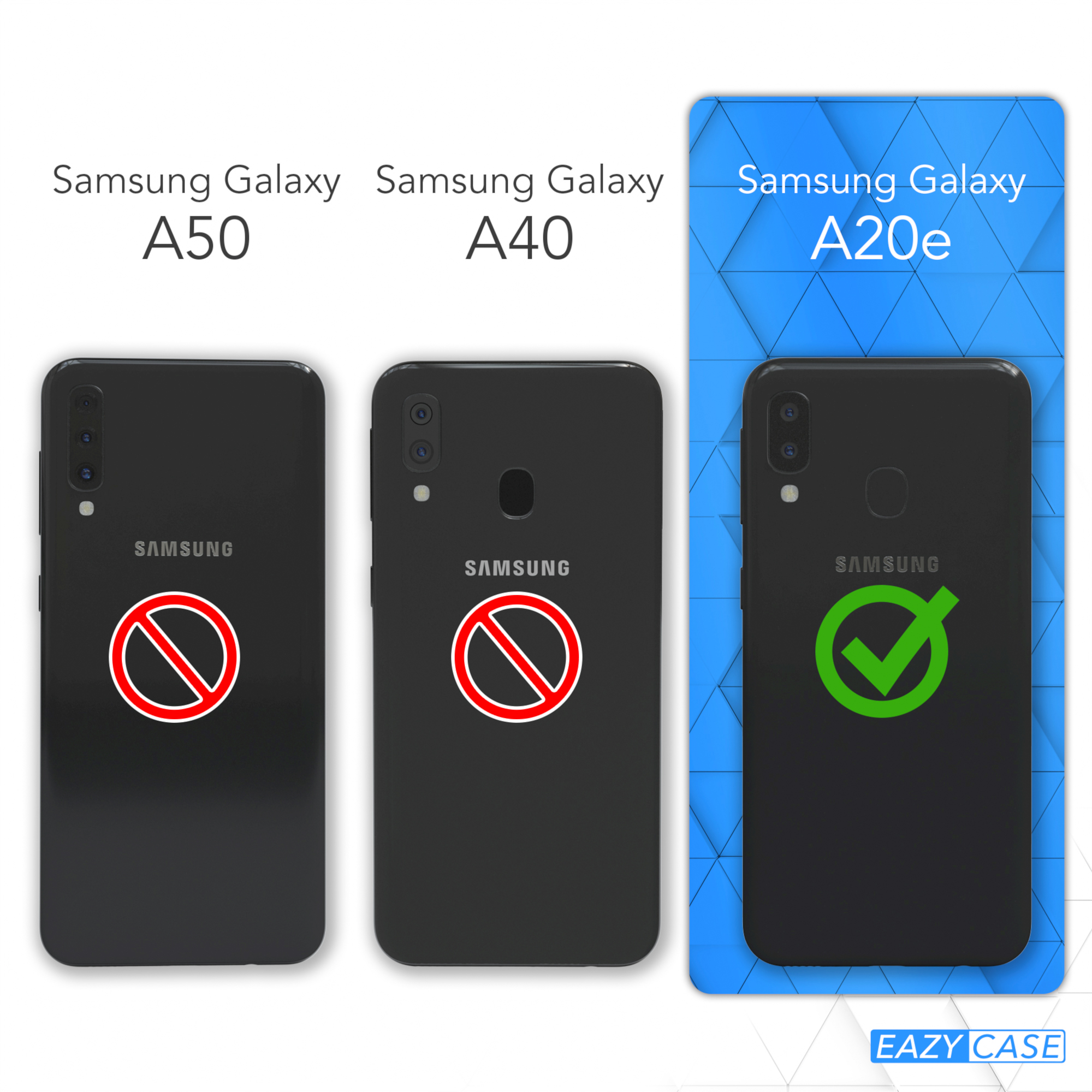 Vergleich der Samsung Galaxy A50, A40 und A20e Modelle, Hervorhebung der Gehäusekompatibilität.
