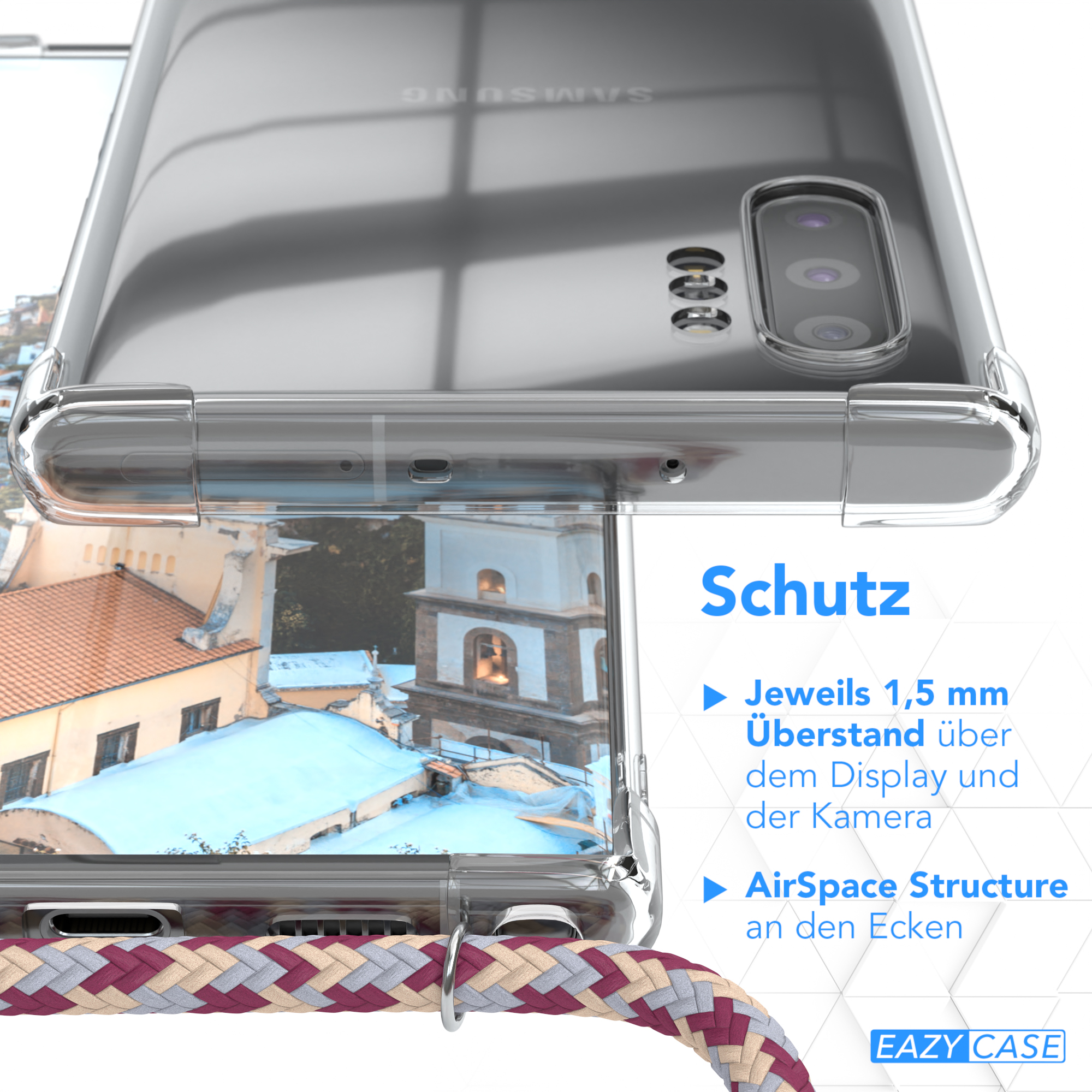 Transparente Handyhülle mit Telefon, zeigt Landschaft und ein langes geflochtenes Kabel.