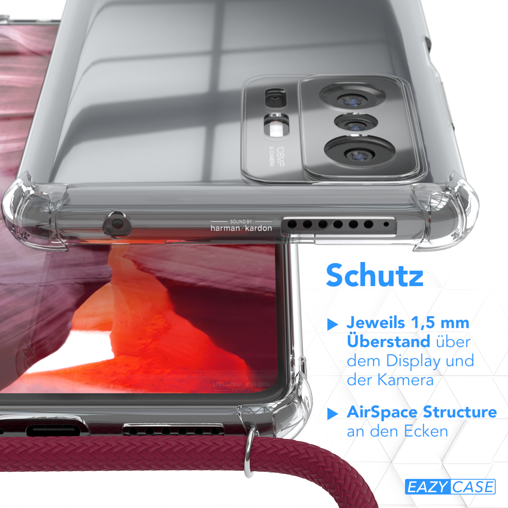 Eine Handyhülle auf einem Telefon mit Text. Es zeigt die Kanten des Telefons und der Hülle.